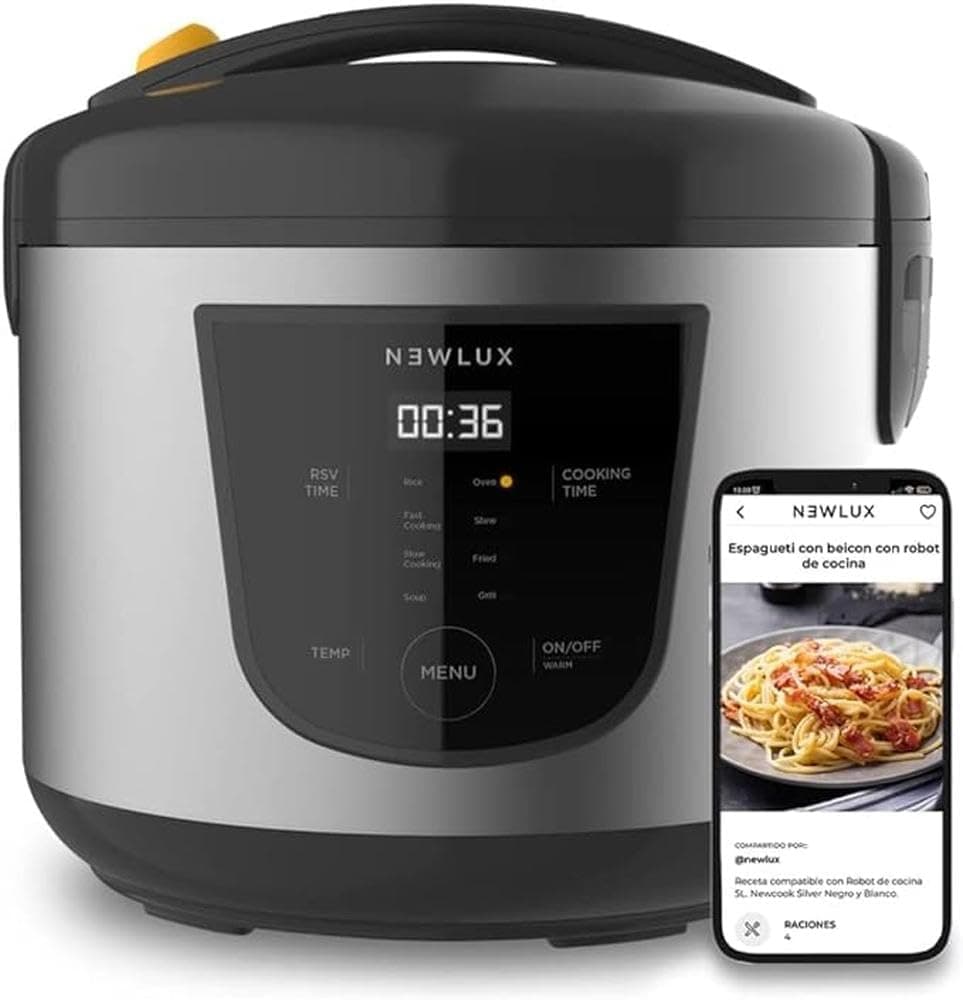 NEWCOOK Robô de cozinha multifunções, capacidade de 5 litros, programável até 24 horas, cozinha automaticamente, 8 menus pré-configurados e função para manter quente até 24 horas. Inclui cuba antiaderente