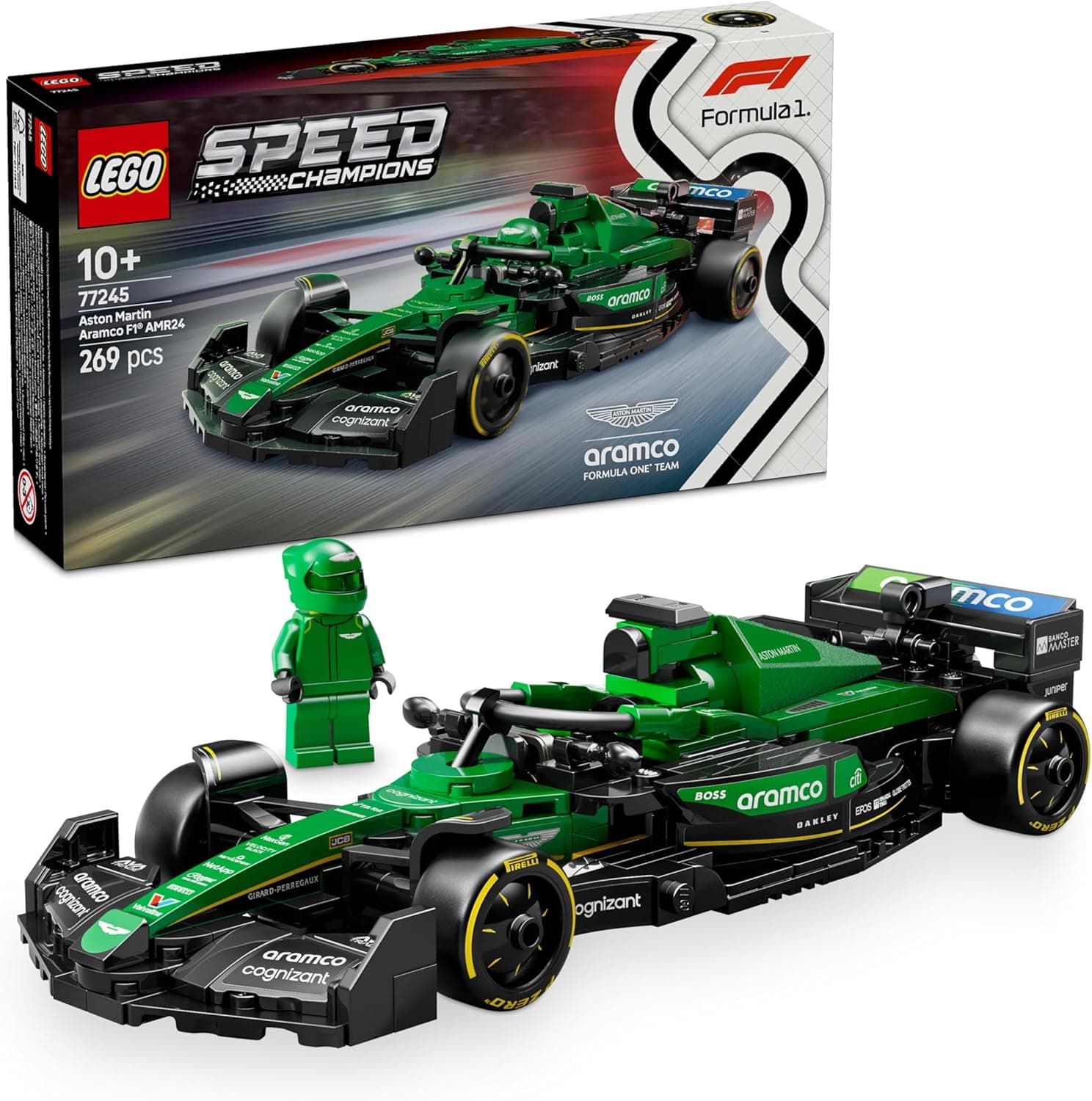 LEGO Speed Champions Carro de corrida Aston Martin Aramco F1 AMR24 de brinquedo, mochila de veículo de fórmula 1 com minifigura de piloto, presente para meninos e meninas de 10 anos ou mais 7245