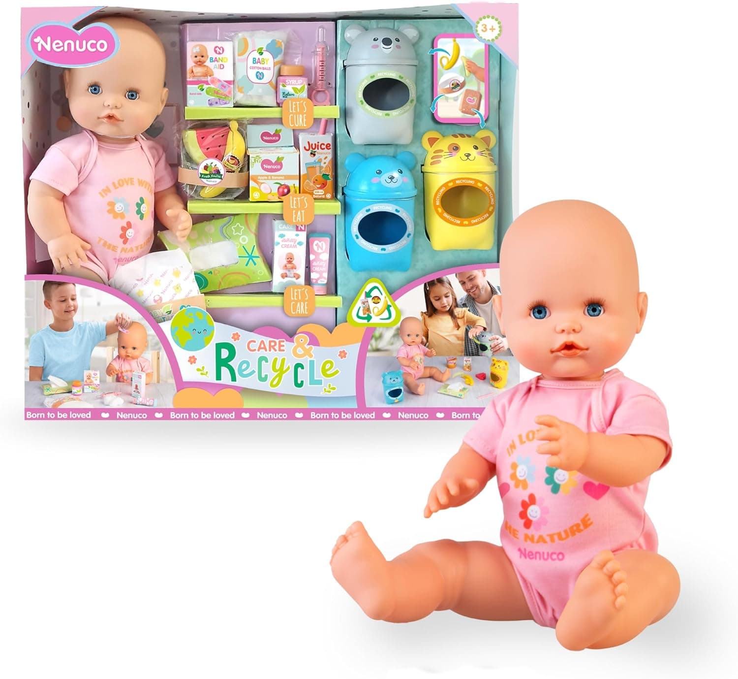 NENUCO - Cuidados e reciclagem, boneca bebé de 42 cm e corpo duro e body rosa, acessórios para alimentar, trocar fraldas e cicatrizar, inclui 3 recipientes de reciclagem, 3 anos, famosa (NFN98000)