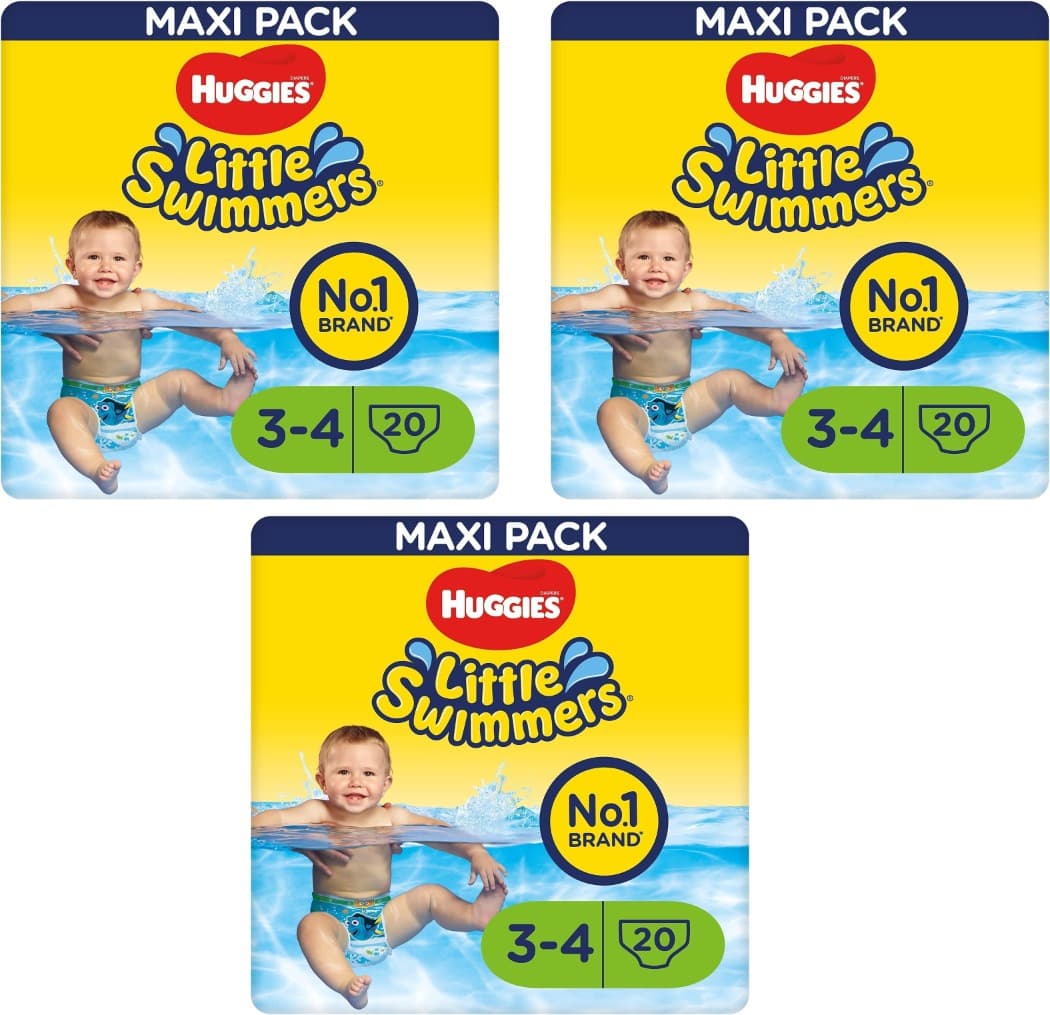Huggies Little Swimmers Fraldas de banho para bebé tamanho (3-4), barreiras anti-fugas para proteção máxima na água, 20 fraldas descartáveis x 3