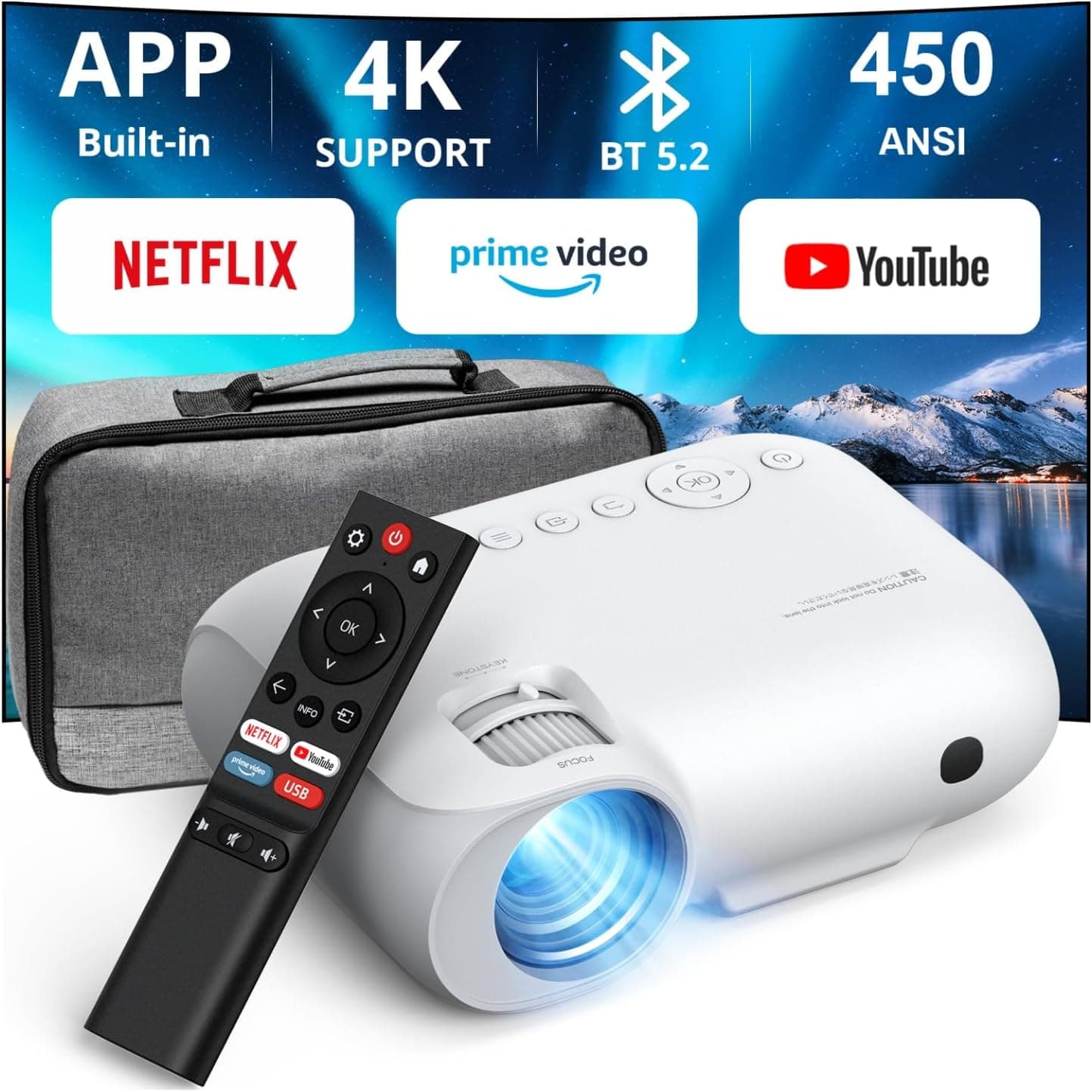 YOTON Y9 | Projetor portátil 4K com Netflix e Dolby Audio, 28000 lúmens, Wi-Fi, Bluetooth, ecrã até 200 polegadas, inclui bolsa