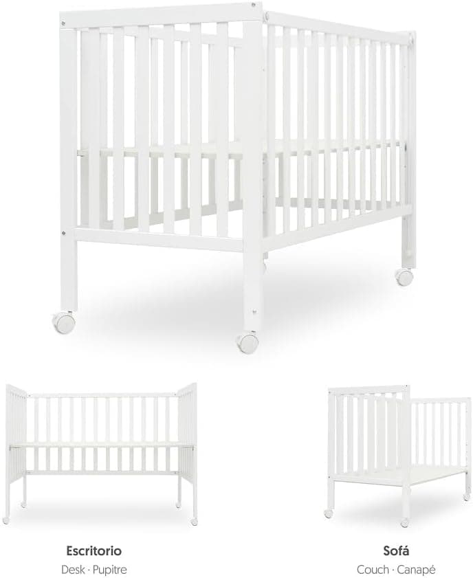 Interbaby BASIC001 | Berço conversível em secretária com lateral móvel, rodas com travão e estrutura em madeira de faia 124 x 63 x 93 cm