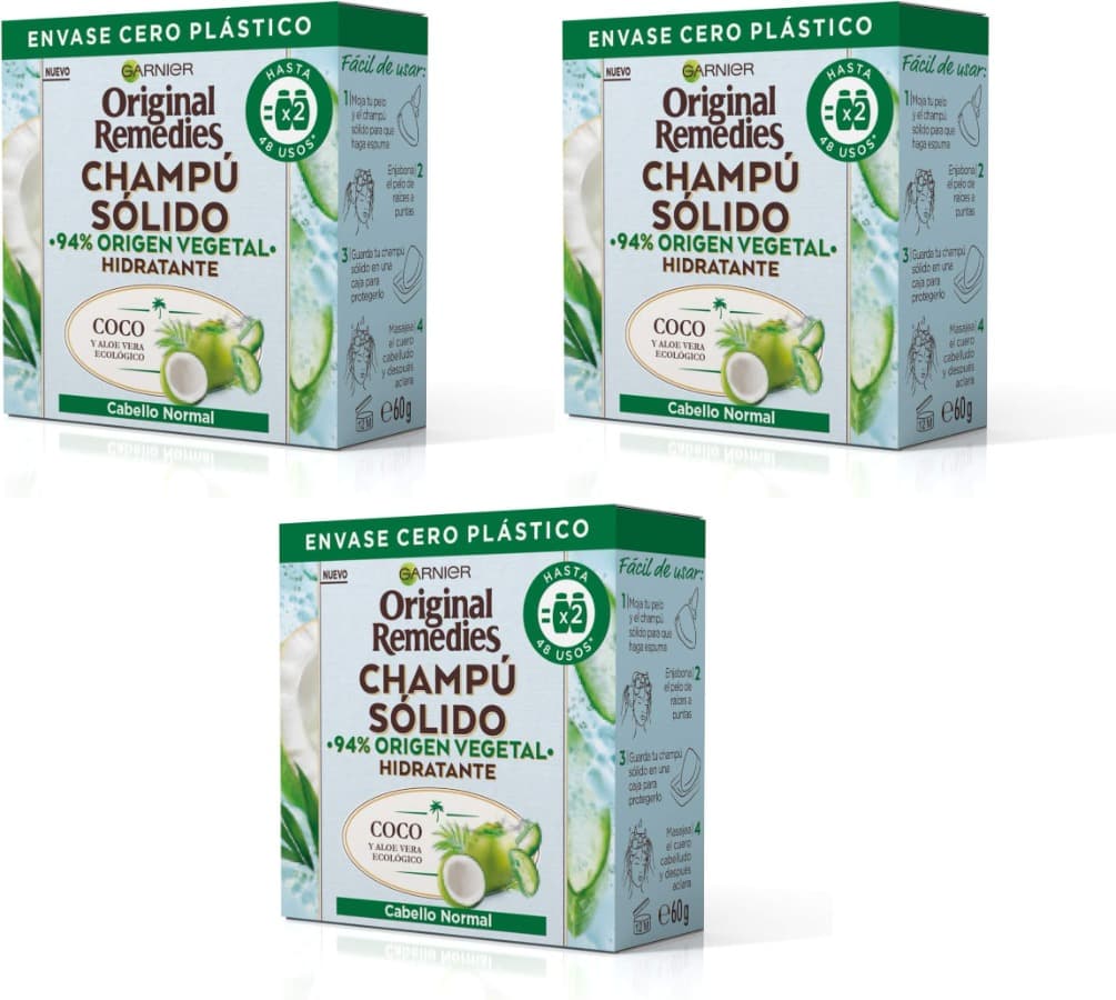 Garnier Original Remedies champô sólido, coco e aloé vera ecológico para cabelo normal, raízes gorduras, 60 g x 3
