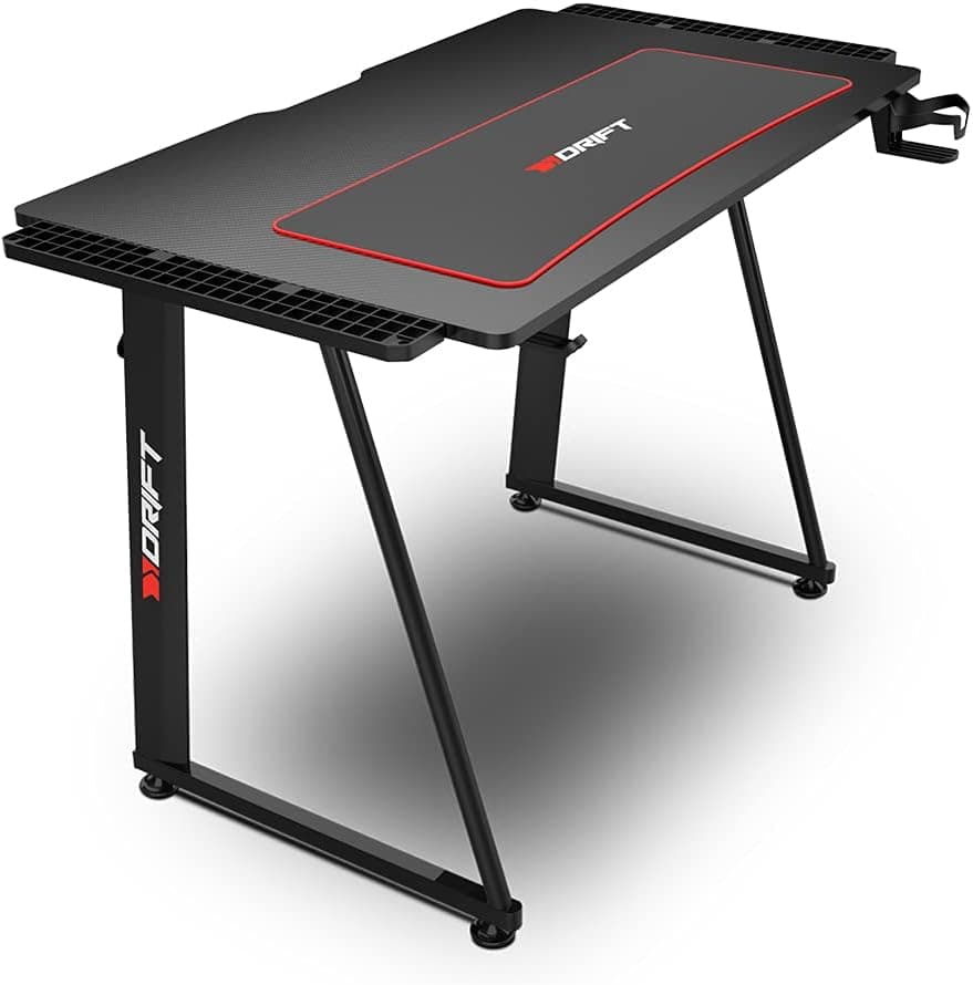 Drift Gaming -DRDZ75 - Mesa Gaming com placa de fibra de carbono coberta por um tapete full size, suporte para canecas e auriculares, pernas reguláveis, cor preta