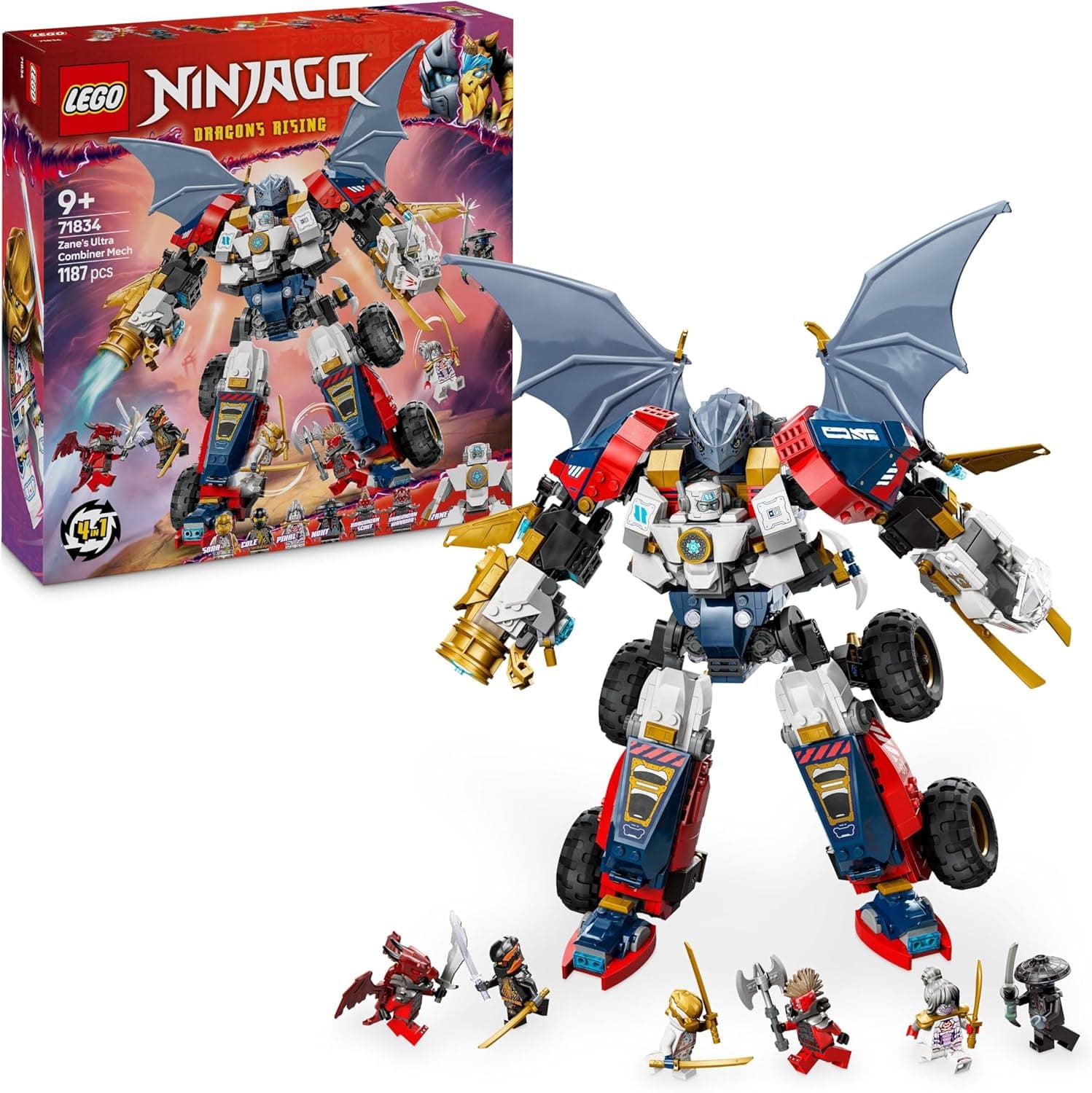 LEGO Ninjago Meca Ultra Combo de Zane Set de construção "4 em 1" com carro de brinquedo, avião jato e figura de dragão, jogo ninja com 6 minifiguras, presente para meninos e meninas de 9 anos ou mais