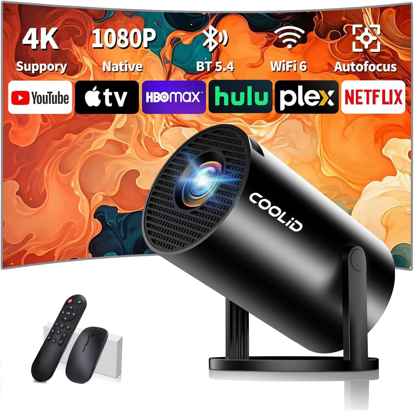 Coolid Mini Projector Black | Projetor portátil com Wi-Fi 6, Bluetooth, correção automática e rotação 270 graus compatível com HDMI USB PS5 e portátil