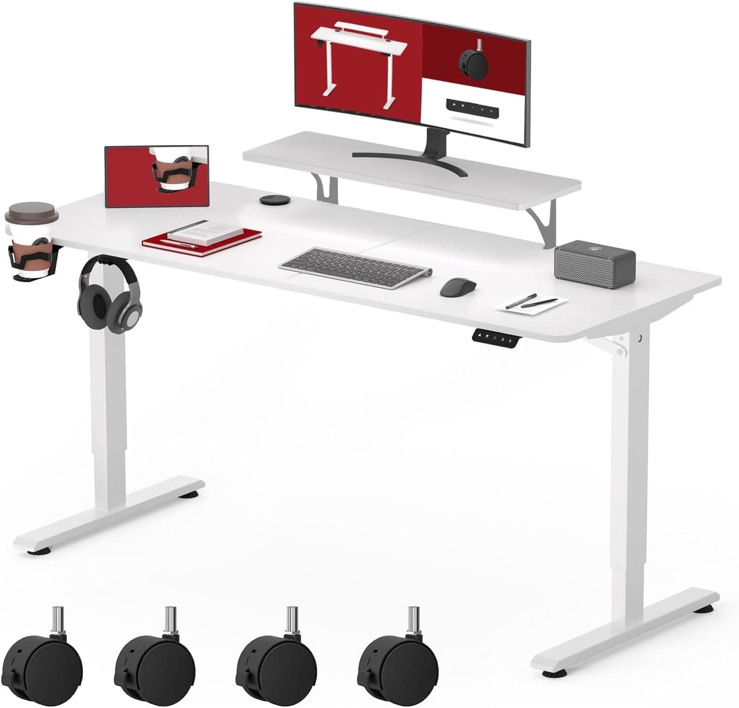 SANODESK SQ1 Mesa de pé com suporte para monitor, 4 rodas, painel telescópico bidirecional e função de memória - branco
