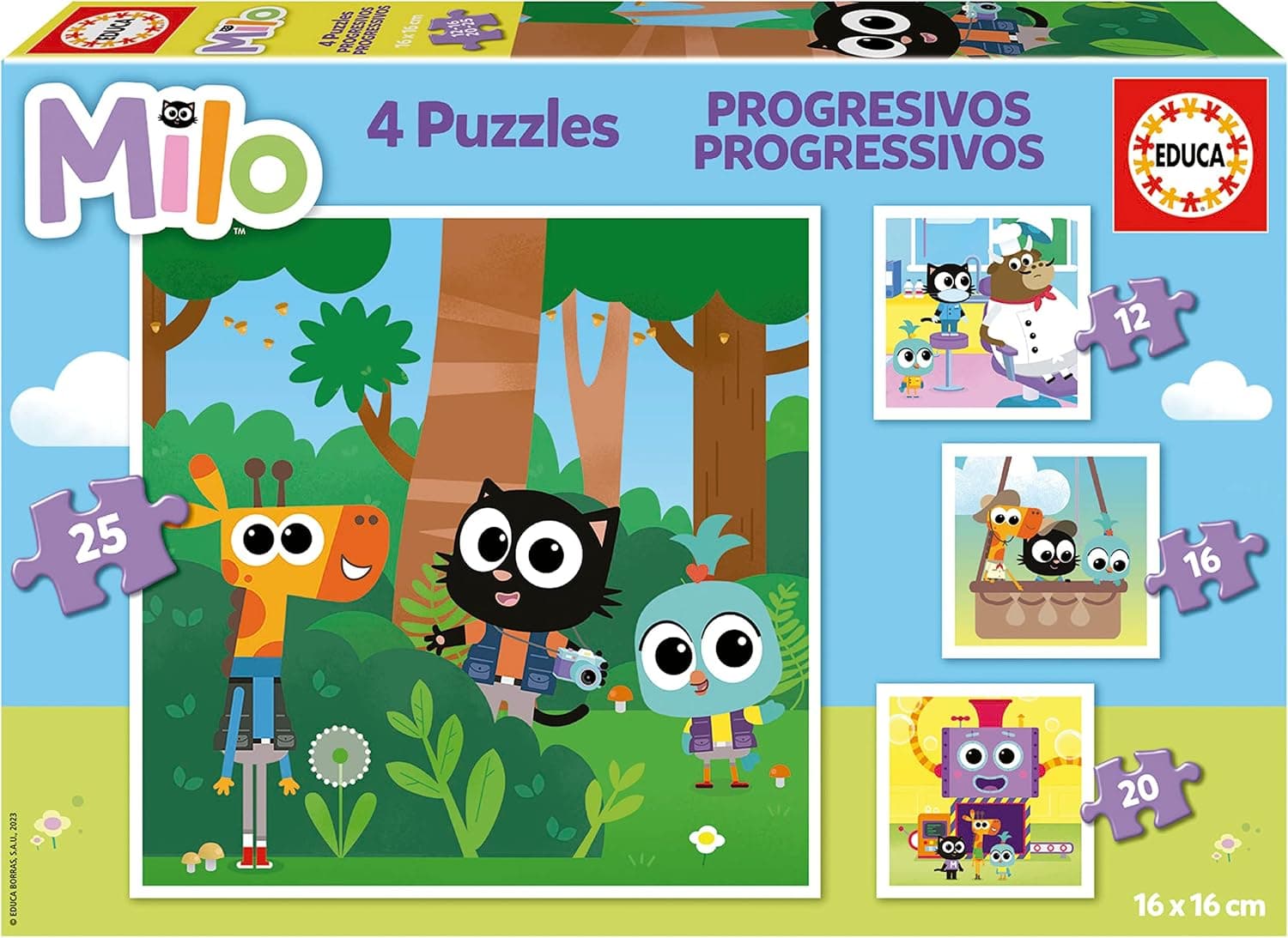 Educa - Conjunto de 4 puzzles infantis progressivos de 12 a 25 peças, Milo. Medidas: 16 x 16 cm. Recomendado a partir de 3 anos (19543)