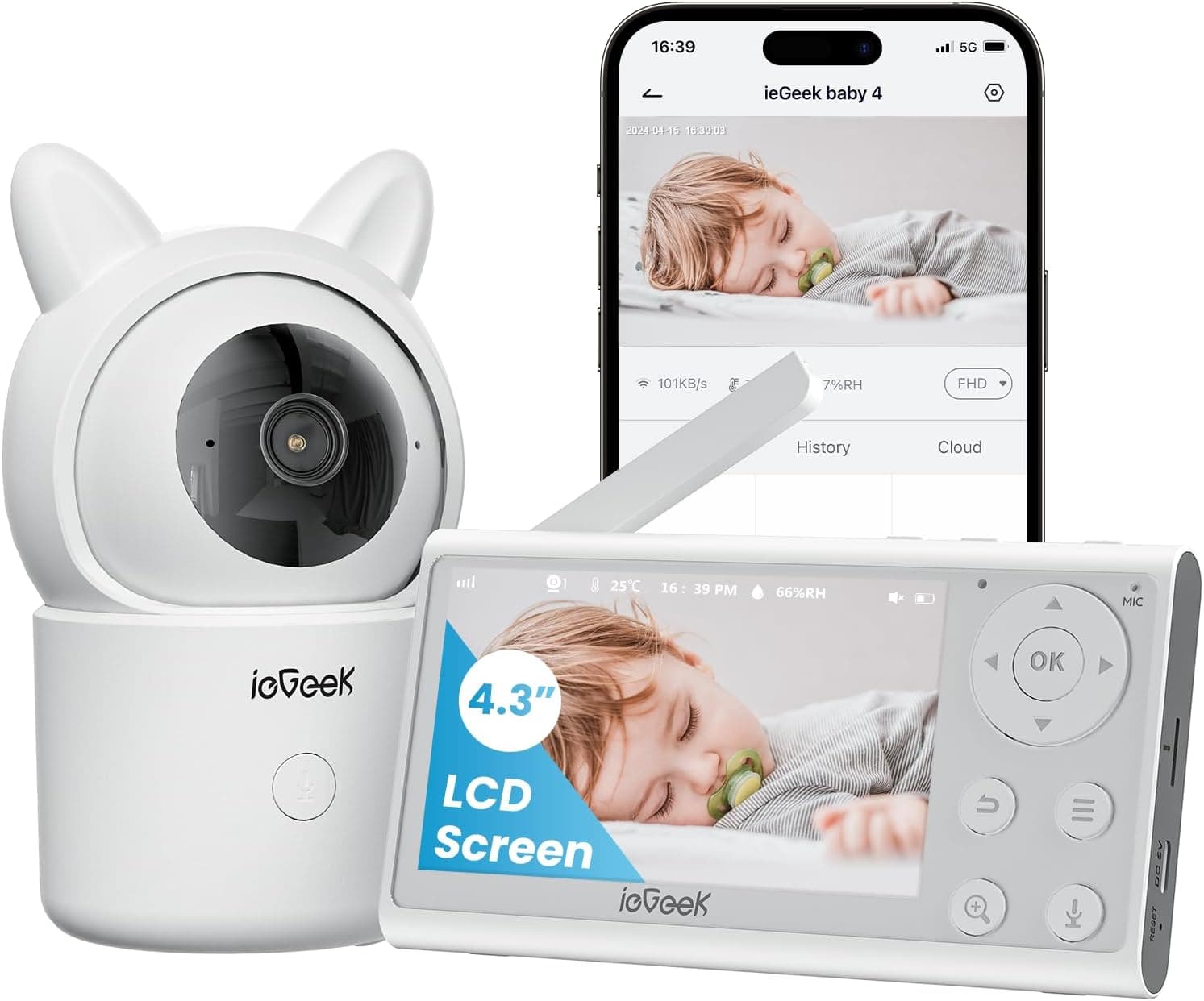 ieGeek Câmara de vigilância bebé 360º Type-C 1080P monitor para bebés com câmara, 4,3" 3000 mAh ecrã LCD, APP remoto, 4X, voz dupla, rastreamento automático, detecção movimento e ruído