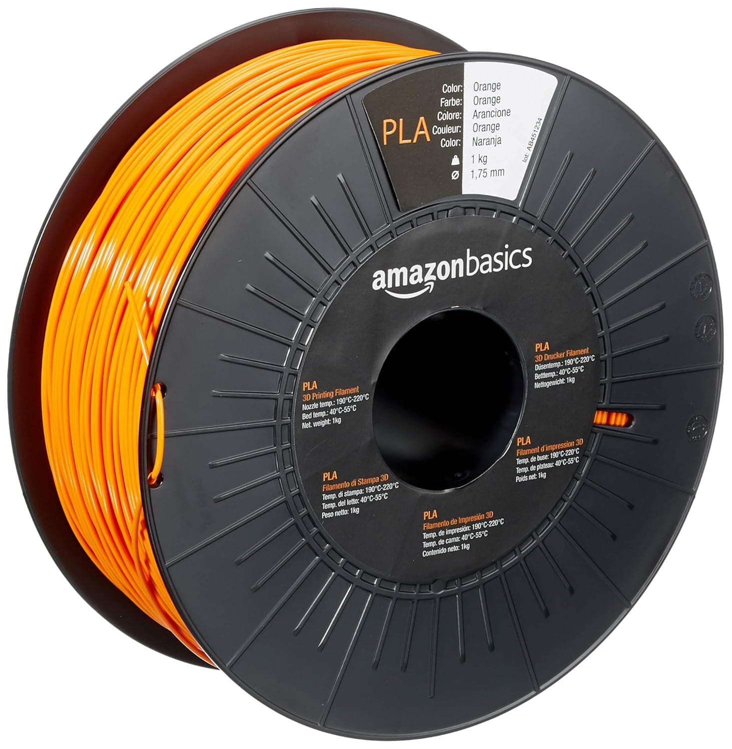Amazon Basics Filamento para impressora 3D, ácido polilático (PLA), 1,75 mm, fita de 1 kg, laranja