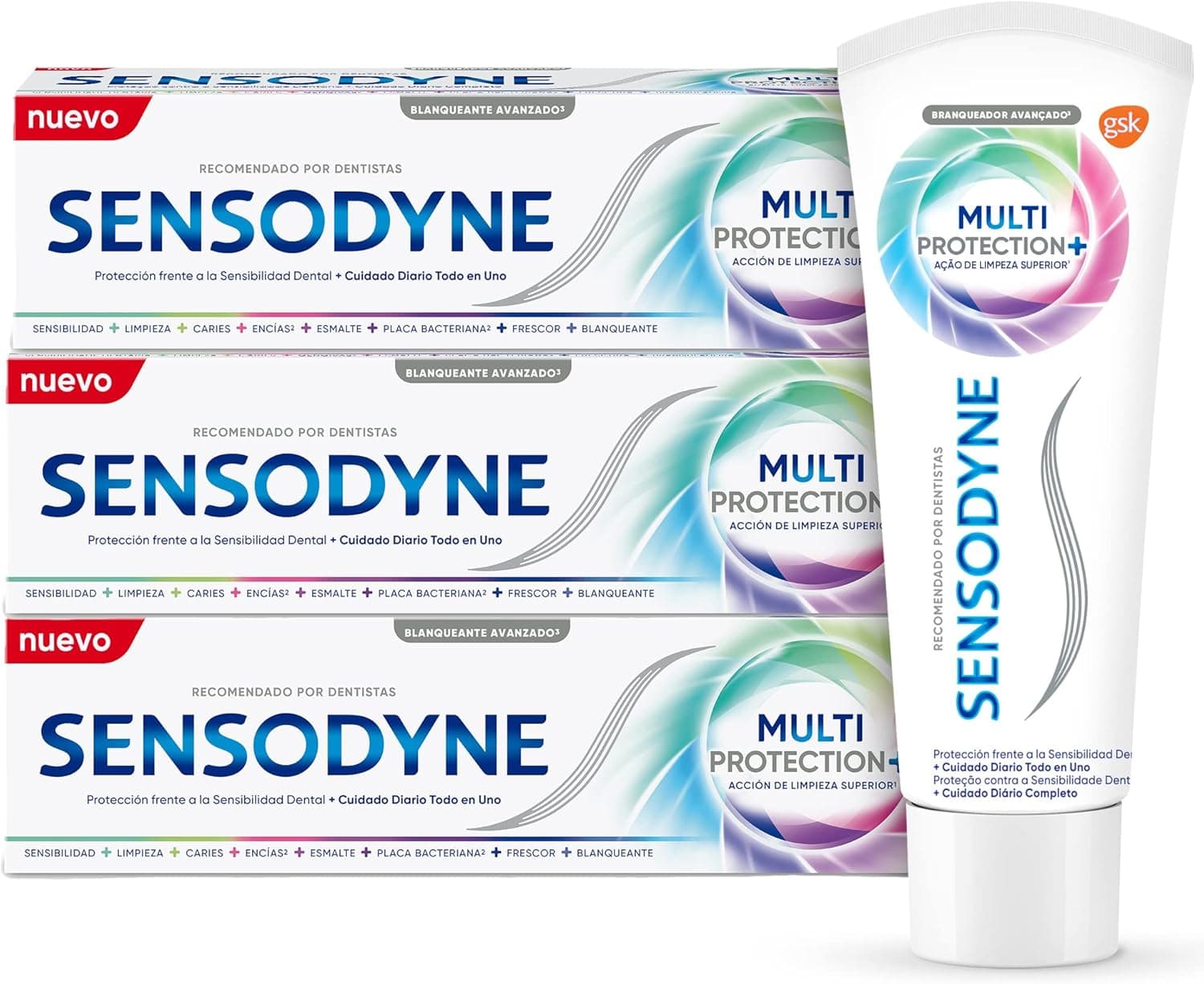 Sensodyne Multiproteção branqueador pasta de dentes para cuidados diários, proteção contra sensibilidade dentária, pack 4 x 75 ml