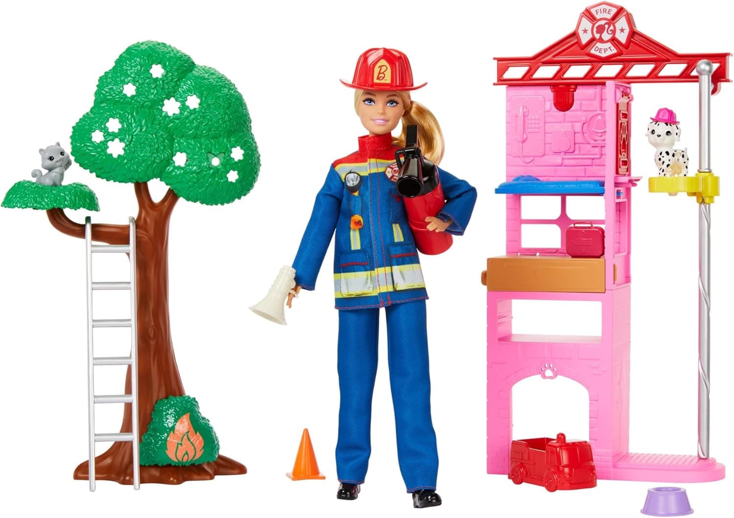 Barbie Pode ser boneca bombeira com quartel de bombeiros, animais de estimação e acessórios para combate a incêndios, brinquedo + 3 anos (HRG55)