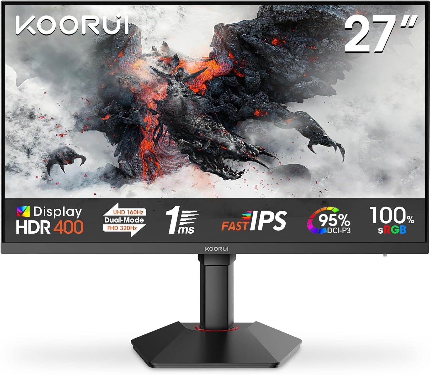 KOORUI G2741L Monitor de jogos de 27", UHD 2160P 160Hz/FHD 1080P 320Hz (Fast IPS, 1 ms, Adaptive Sync, giratório, inclinação, altura ajustável, cuidado dos olhos, HDR400, 10Bit, 2 x HDMI 2. 1, DP 1.4)