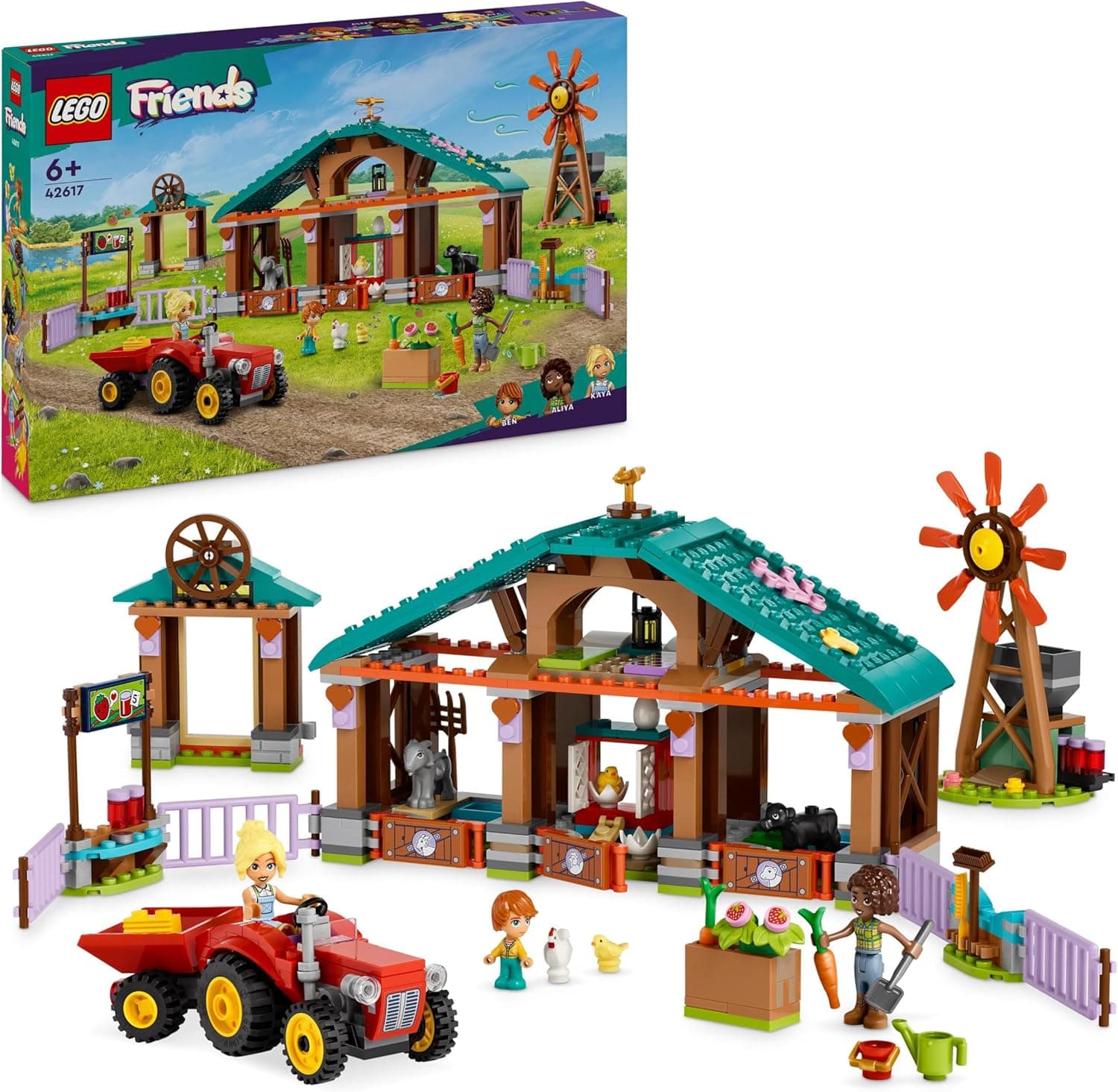 LEGO Friends Albergue de animais de quinta de brinquedo, ideia de presente para meninas e meninos de 6 anos ou mais, conjunto com figuras de vaca, , galinha e pintainhos e 2 mini bonecas