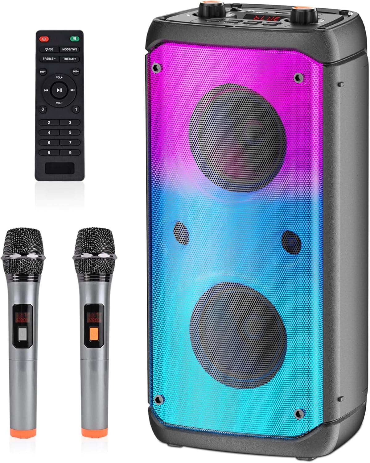 TAMPROAD Q55 | Máquina de karaoke portátil com 2 microfones sem fios, altifalante Bluetooth de 80 W e luzes LED para festas e eventos