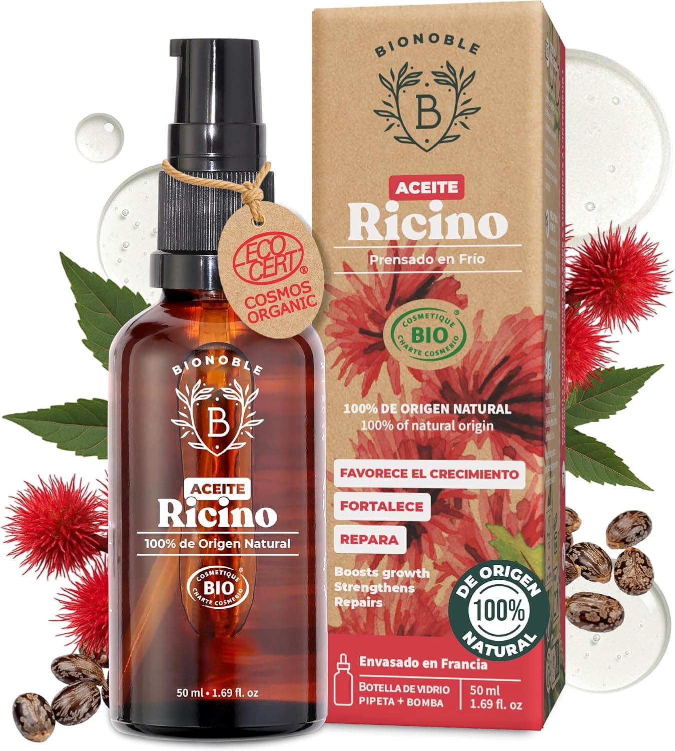 Bionoble Óleo de Rícino Orgânico | Óleo 100% puro e prensado a frio para pestanas, sobrancelhas, cabelo, barba, unhas e corpo, 50 ml