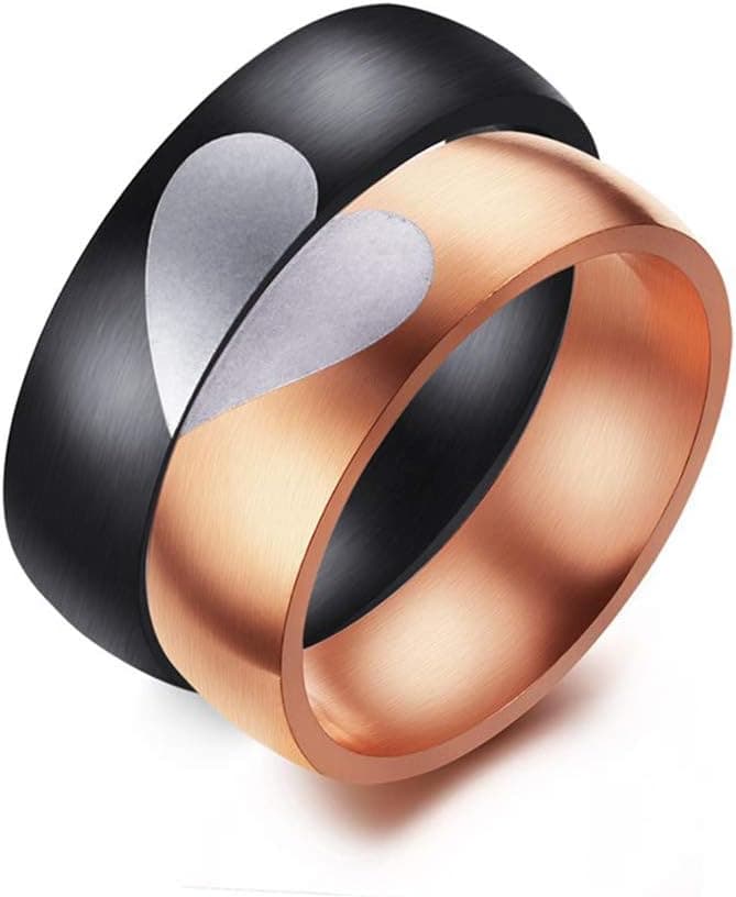 OIDEA - Anel de puzzle em forma de coração, anéis de casamento, anéis de aço inoxidável, ouro rosa, preto, para homem e mulher, com caixa de presente, Aço inoxidável