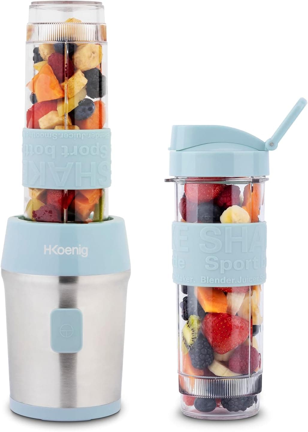 H.Koenig Mini batedeira Smoothie maker compacto 570 ml SMOO16 sem BPA potente 300 W, liquidificador Smoothie 2 garrafas portáteis, 4 lâminas de aço inoxidável, azul pastel