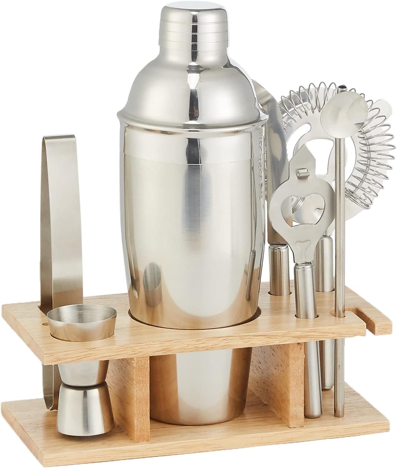 Amazon Basics Conjunto de ferramentas de bar de aço inoxidável de 8 peças com suporte de madeira