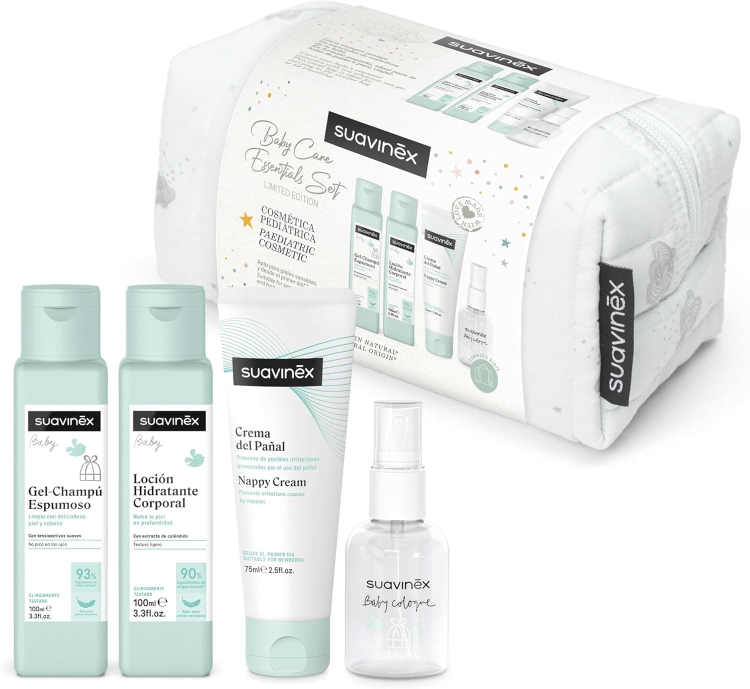 Suavinex, Neceser de tecido para bebés, conjunto presente para bebé recém-nascido com cosméticos: Gel champô 100 ml loção hidratante 100 ml creme fralda 75 ml Baby Cologne 50 ml. Formato de viagem.