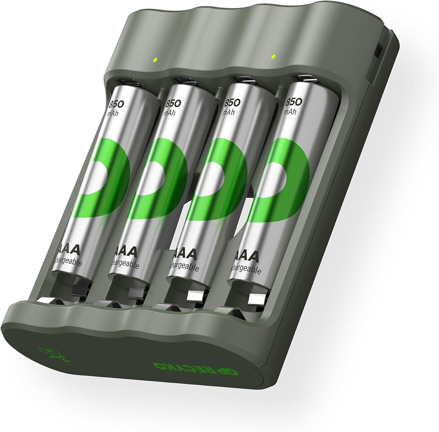 GP RECYKO Bateria AAA (850 mAh, 4 unidades, NiMH, 1,2 V, inclui carregador USB AA AAA, modelo GP B441)