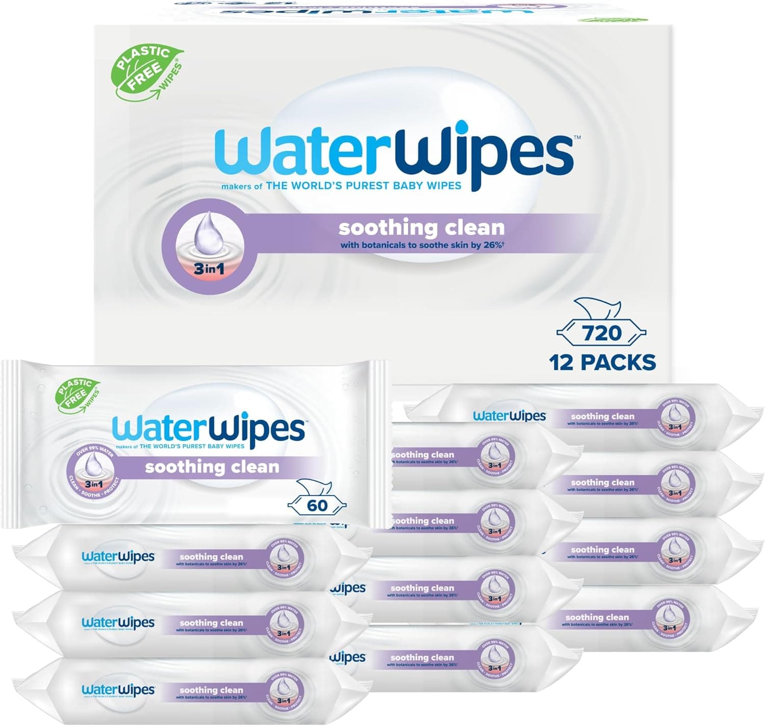 WaterWipes Limpeza calmante toalhas para bebé, 720 toalhetes (12 pacotes), com 99% de água e extratos botânicos, toalhetes húmidos para rosto e corpo