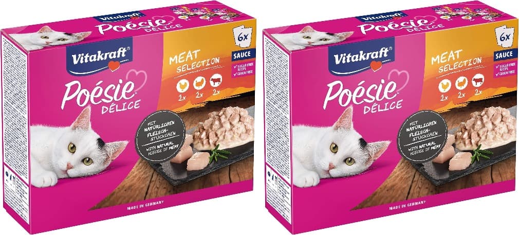 Vitakraft Poésie Délice, seleção de carne, comida húmida para gatos em molho, com frango, com vitela, com peru, em várias embalagens (1 embalagem com 6 x 85 g) x 2 