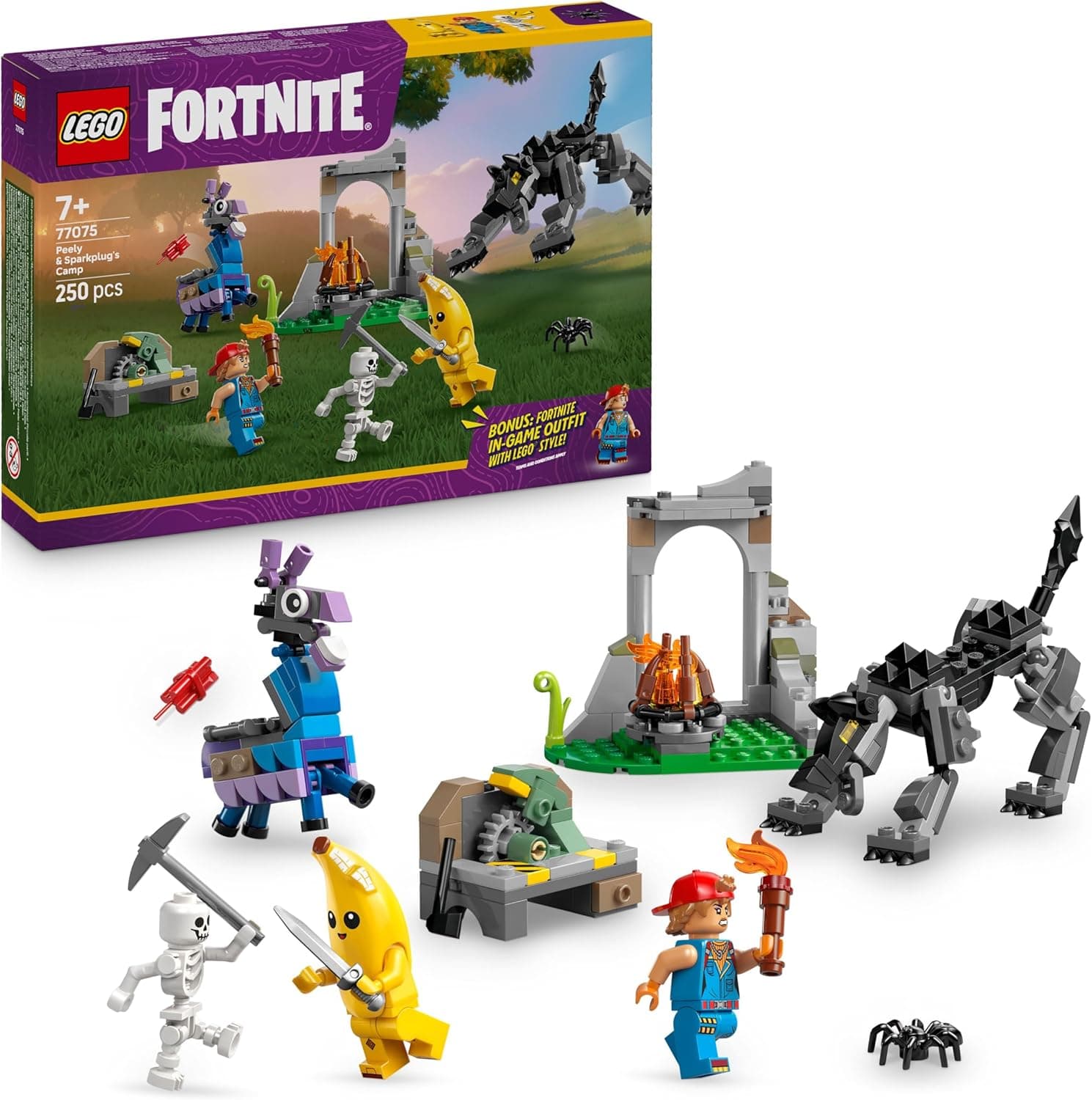 LEGO Fortnite Peely & Sparkplug's Camp 77075 | Brinquedo de construção com lobo articulado, fogueira e 3 minifiguras com acessórios para crianças a partir dos 7 anos