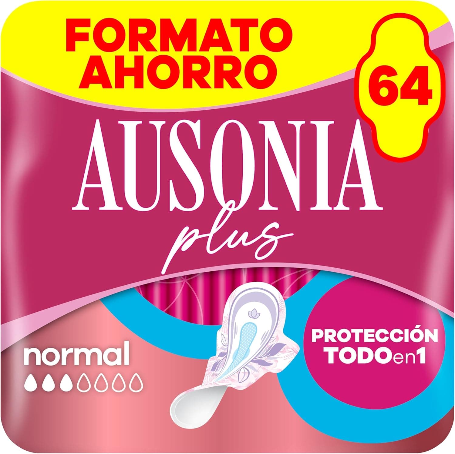 Ausonia Plus Normal, 64 compressas com asas, proteção tudo em um