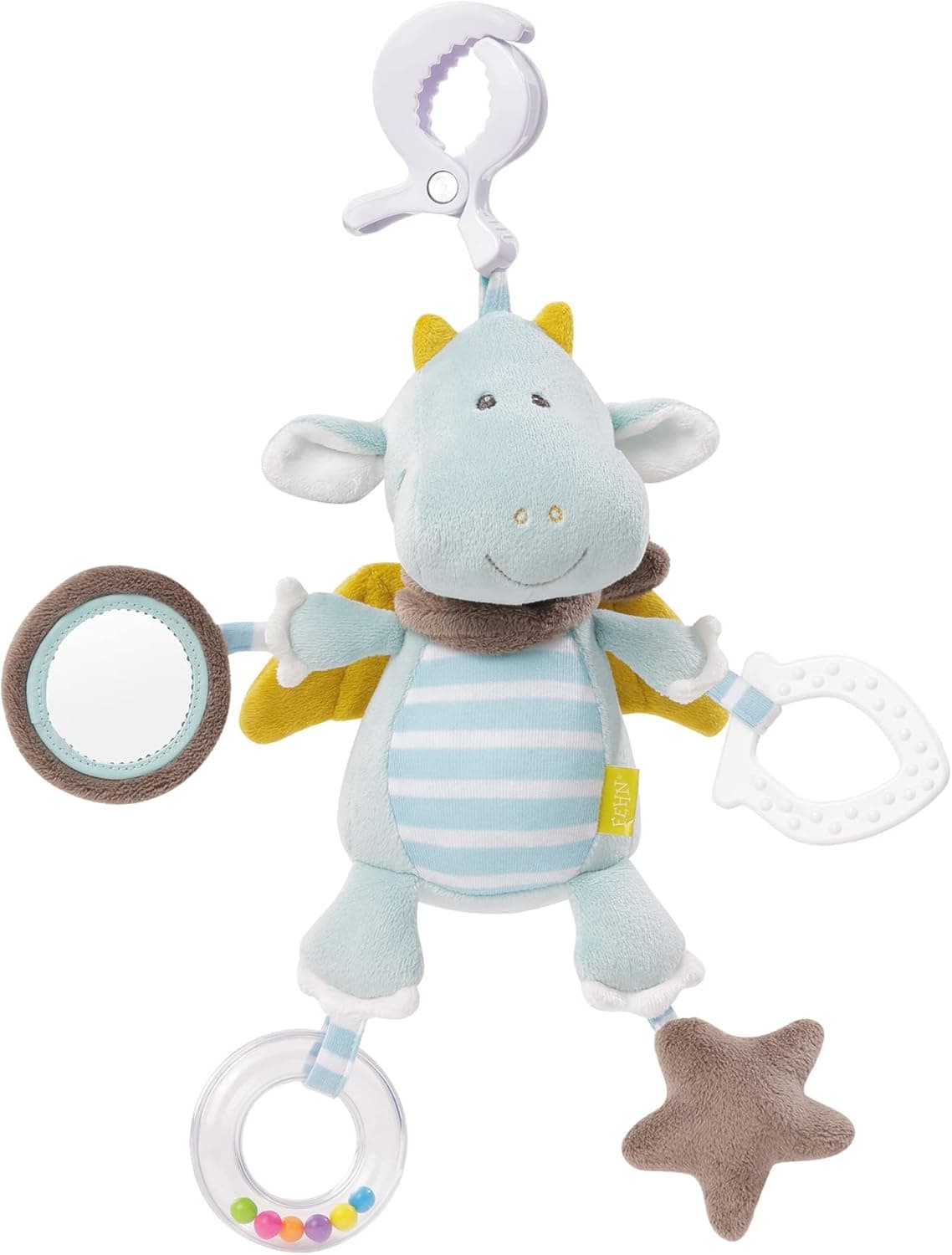 Fehn Dragon Activity Toy | Brinquedo de atividades para bebés com mordedor e sons para carrinhos e berços