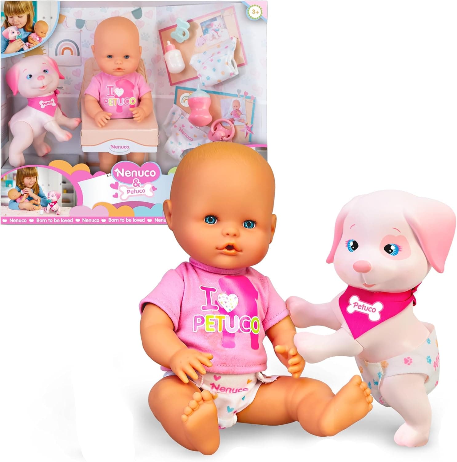 Nenuco & Petuco, boneca bebé de 35 cm e o cachorro petuco de corpo duro, ambos são bebés e deve cuidar deles, acessórios para ambos, t-shirt, fralda, chupete e biberão, + 3 anos, famosa (NFNA6000)