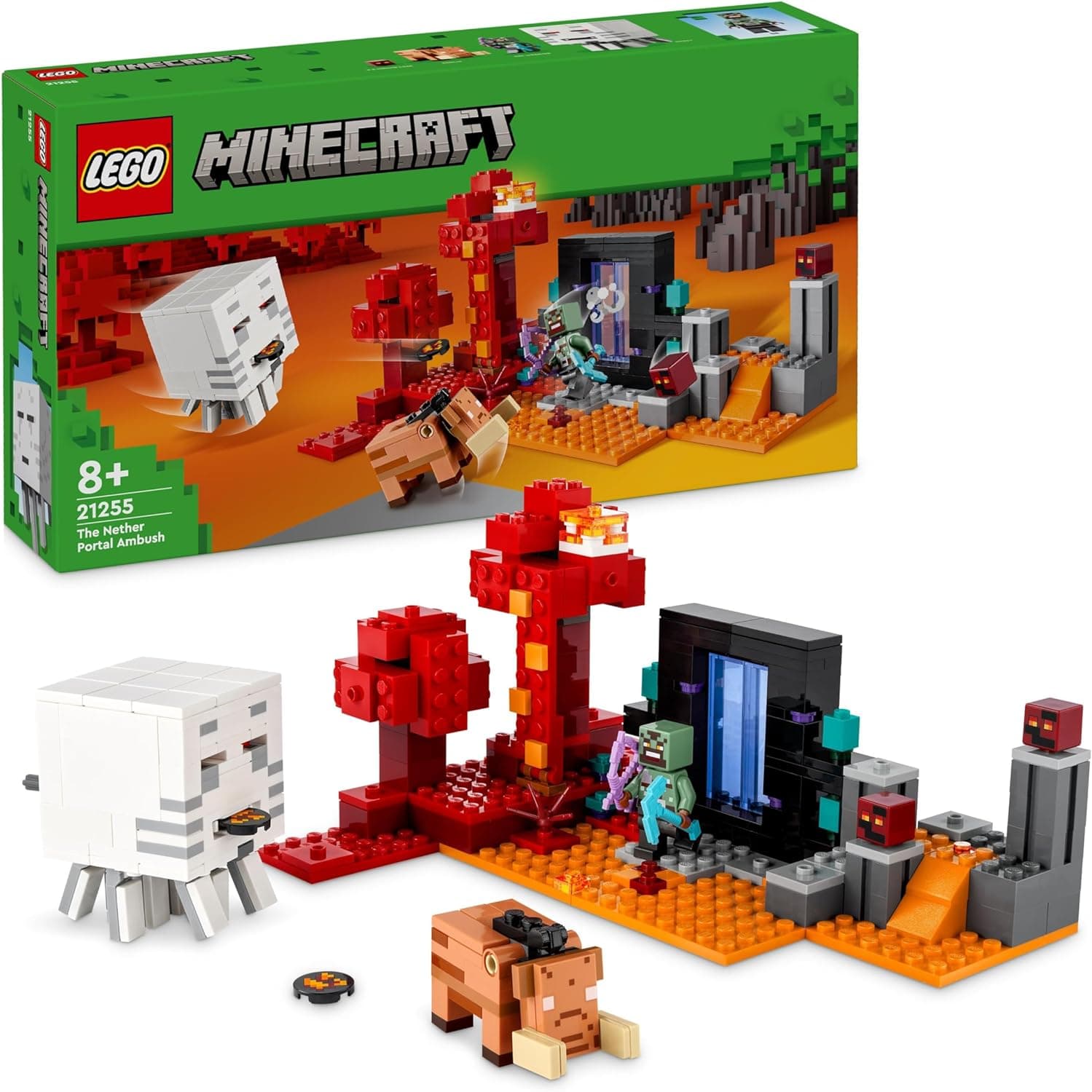 LEGO Minecraft a Emboscada no Portal do Nether, brinquedo de construção com cenas de batalha e minifiguras de personagens, figura de Hoglin, presente para meninos e meninas de 8 anos ou mais 21255