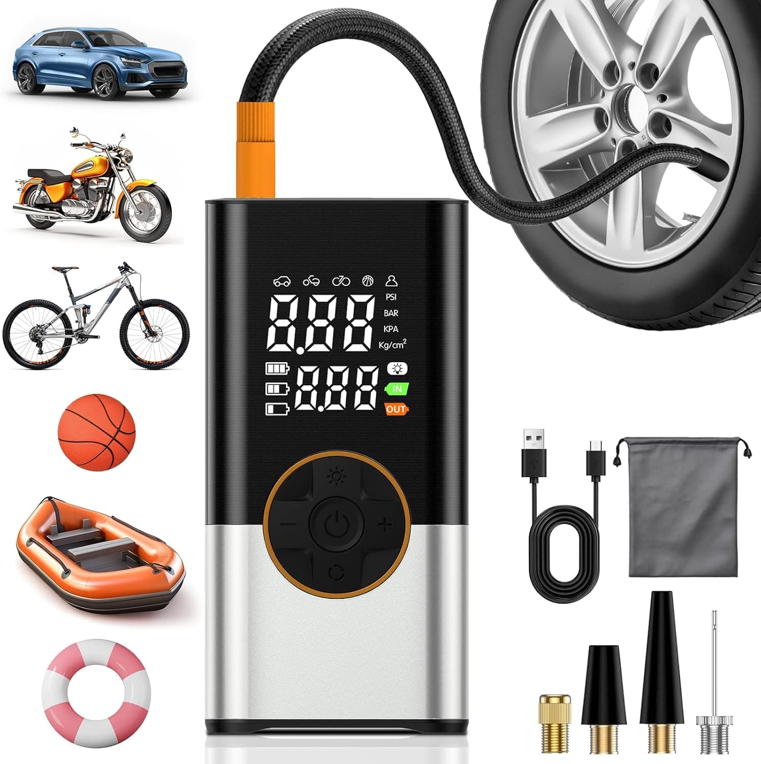 BOOTEEK 6000 mAh Compressor de ar portátil, 150 PSI insuflável rodas carro, mini bomba de ar bicicleta elétrica com ecrã LCD digital, inflador elétrico com 5 bicos para carro moto bicicleta bola