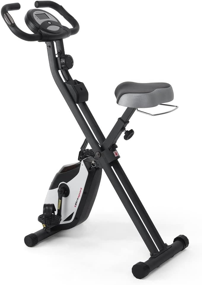Ultrasport F-Bike, Treinador de bicicleta, treina casa, bicicleta aptidão dobrável, computador treino integrado, sensores pulso mão, dobrável, 8 níveis resistência, ideal para idosos e jovens