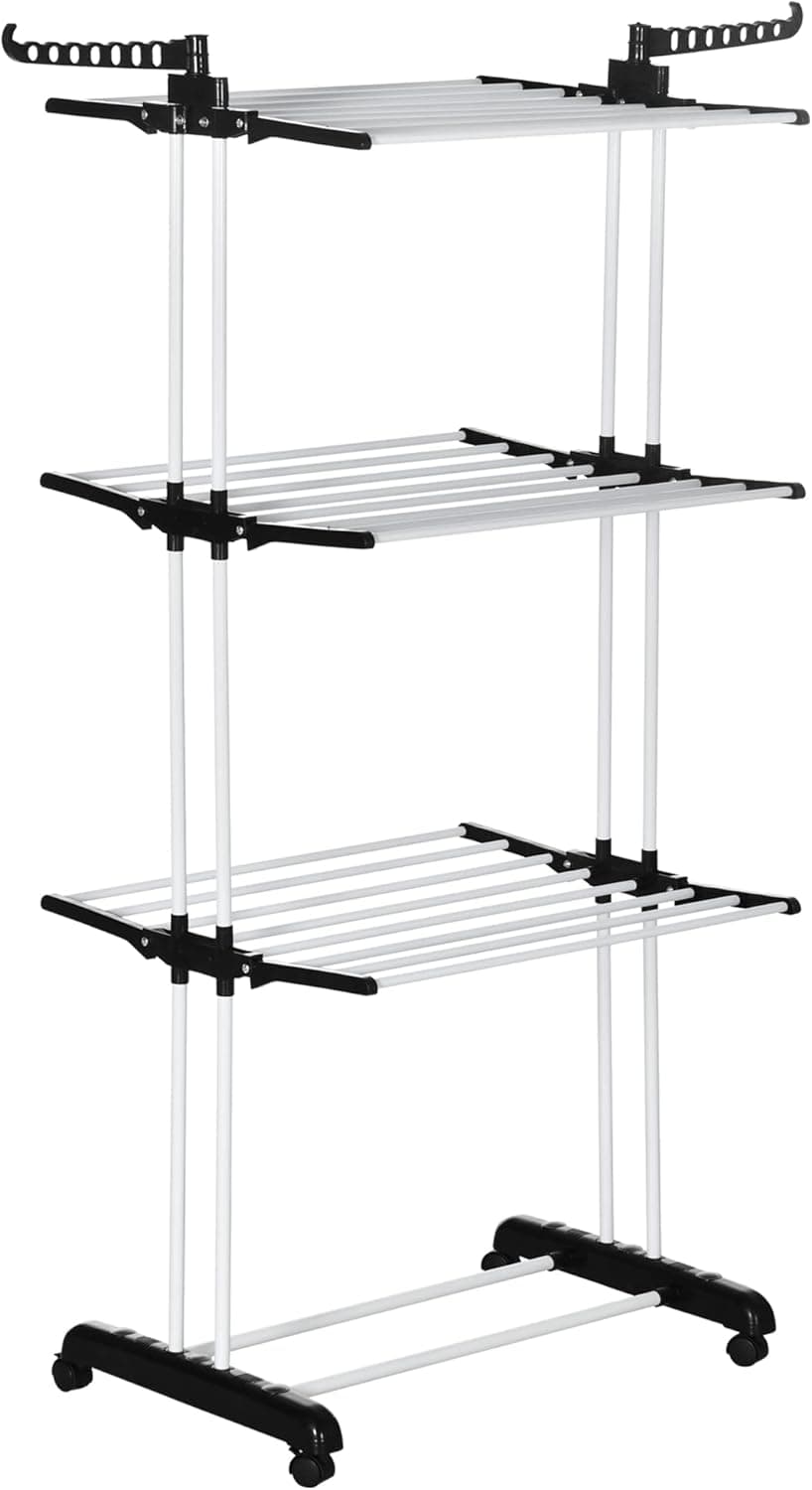HOMCOM Estendal dobrável para roupa com rodas de aço tipo torre de 3 níveis com asas dobráveis e ganchos giratórios carga 70 kg 73 x 64 x 177 cm, preto e branco