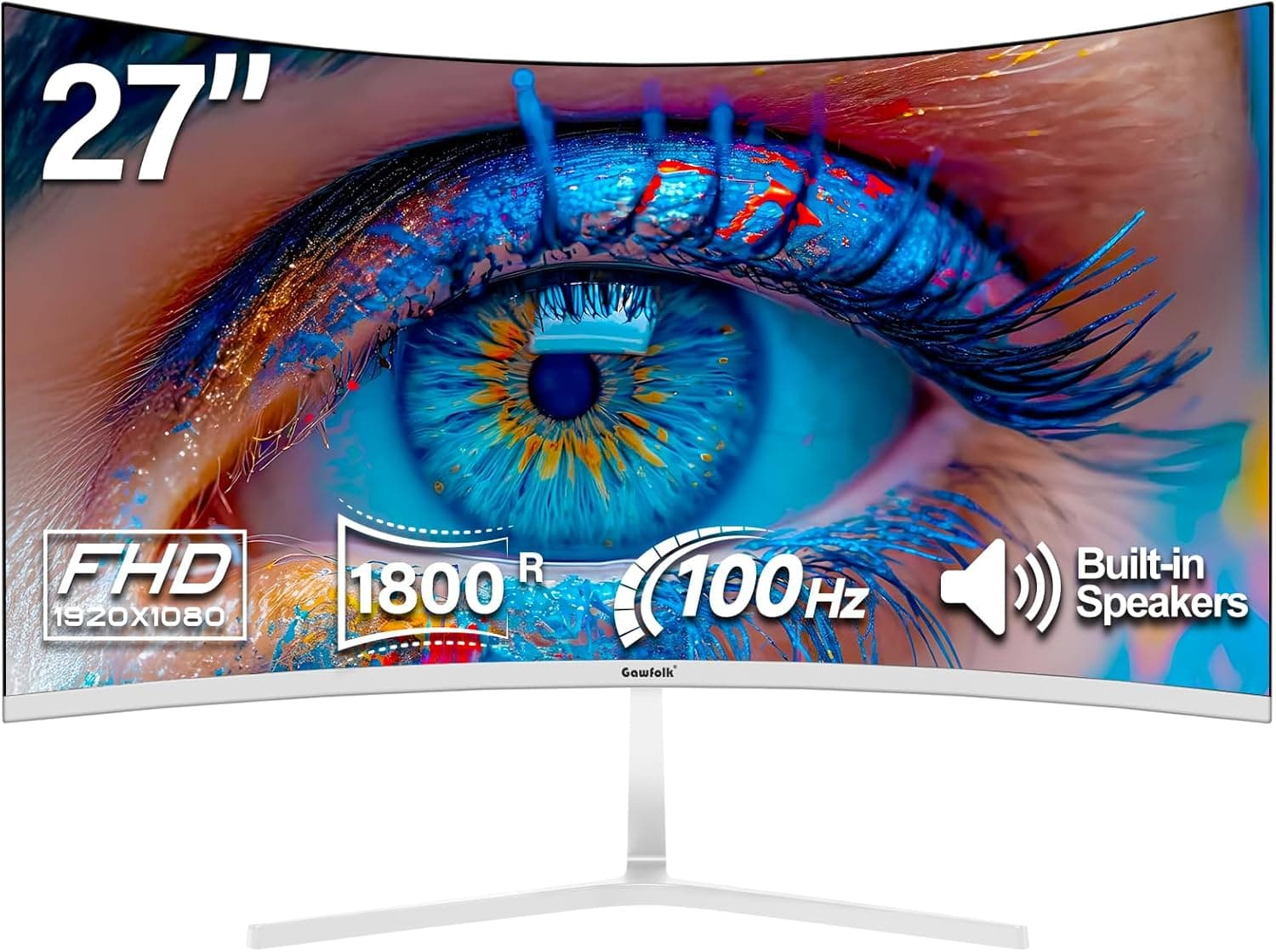 Gawfolk | Monitor 27 polegadas Full HD com 100 Hz, 1 ms, curvatura 1800R, FreeSync e suporte reclinável