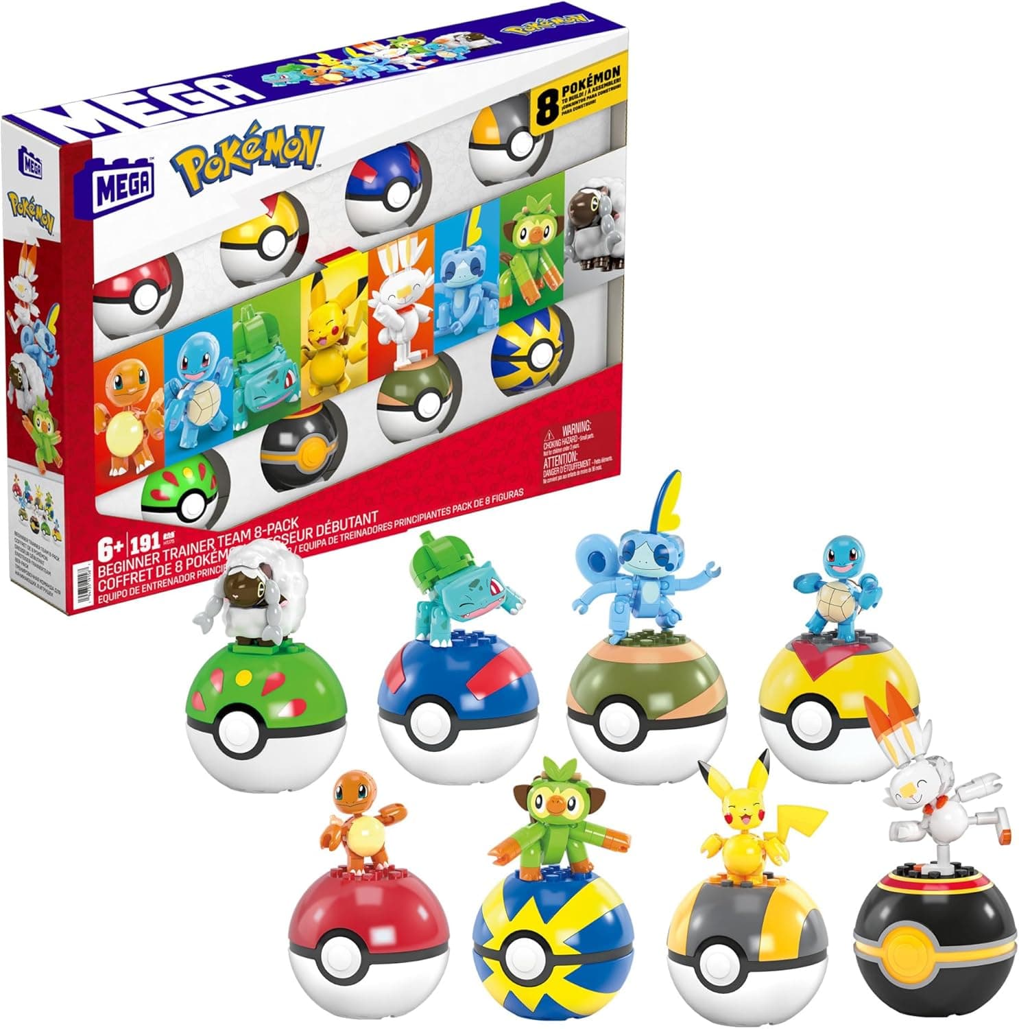 Mega Pokémon Treinador iniciante Pack de 8 Pokeballs com personagens, 191 blocos de construção, inclui Bulbasaur, Charmander, Squirtle e Pikachu entre outros, brinquedo + 6 anos (HTJ75)