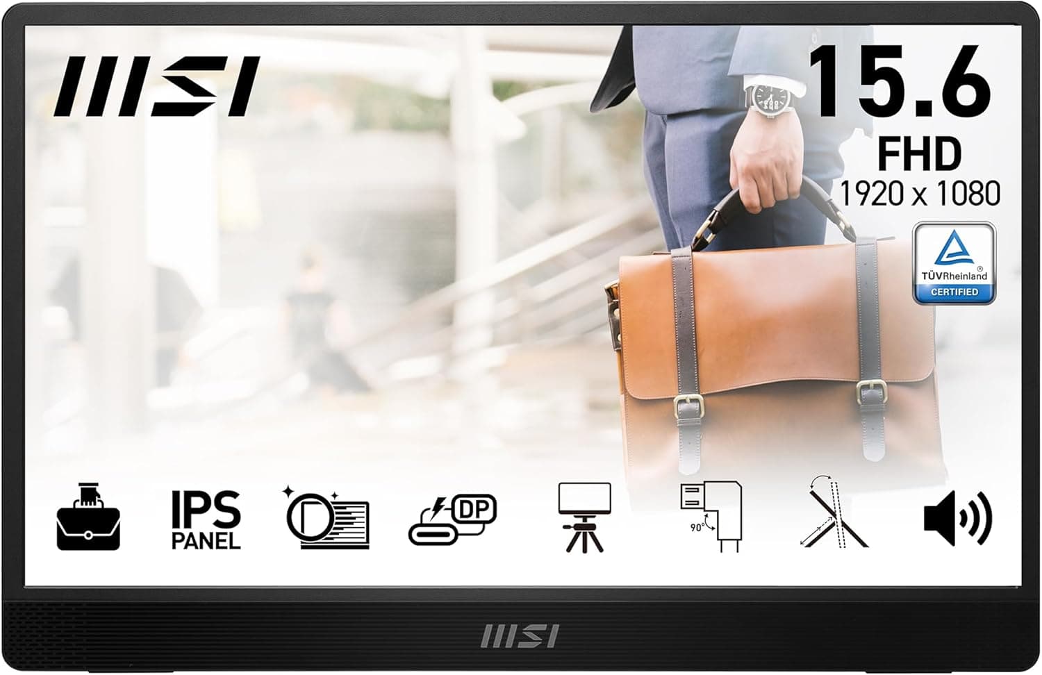 MSI Pro MP161 E2U Monitor portátil Full HD de 15,6", painel IPS 1920 x 1080, 60 Hz, ecrã agradável à vista (PC, portátil, móvel), altifalantes, chassis e suporte, Mini-HDMI 2.0b, 2 x USB tipo C