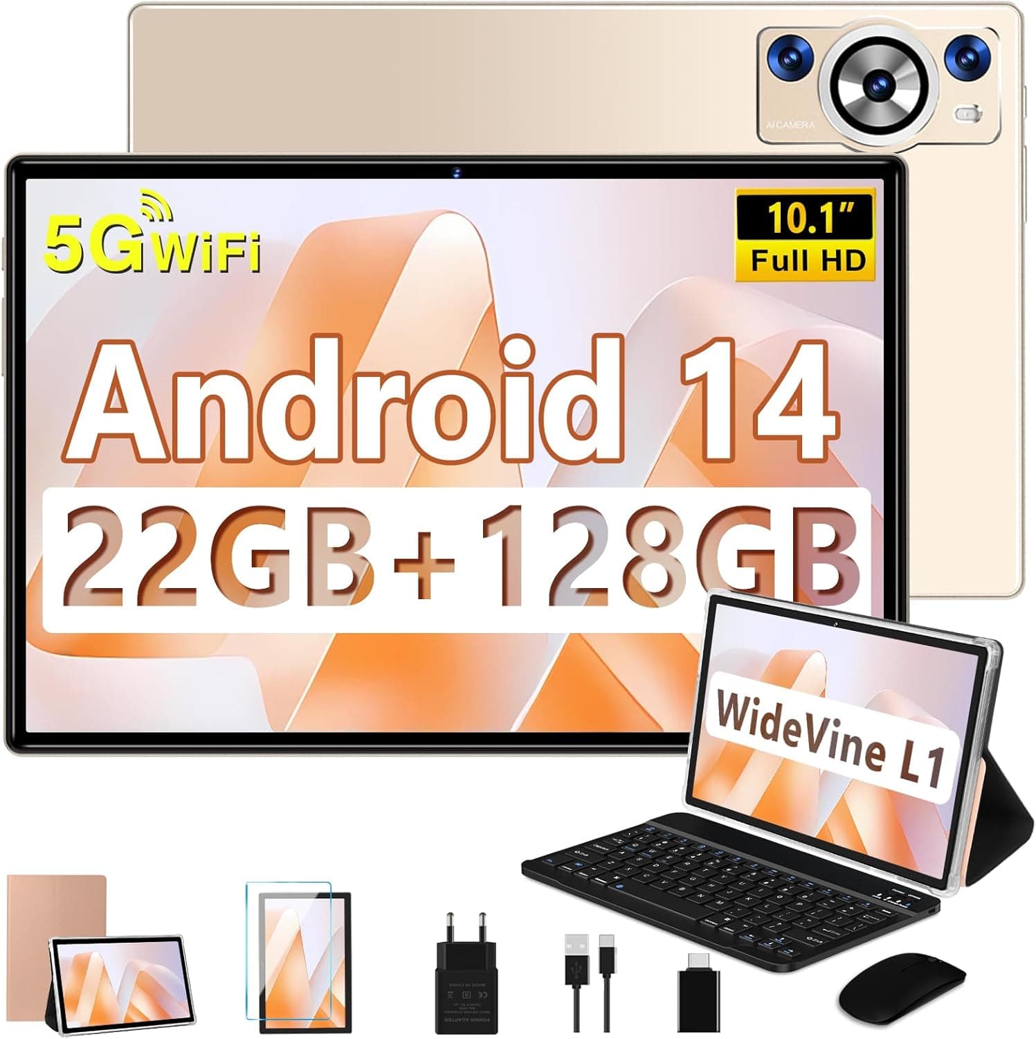 2025 Newest Tablet Android de 10 polegadas, 22 GB RAM+128 GB ROM/TF 2TB, 8-Core 2,0 GHz, 8000 mAh, 5G WiFi, Widevine L1, GMS certificado, Bluetooth 5.0, Widgets. , tablet com Capa de teclado e rato -