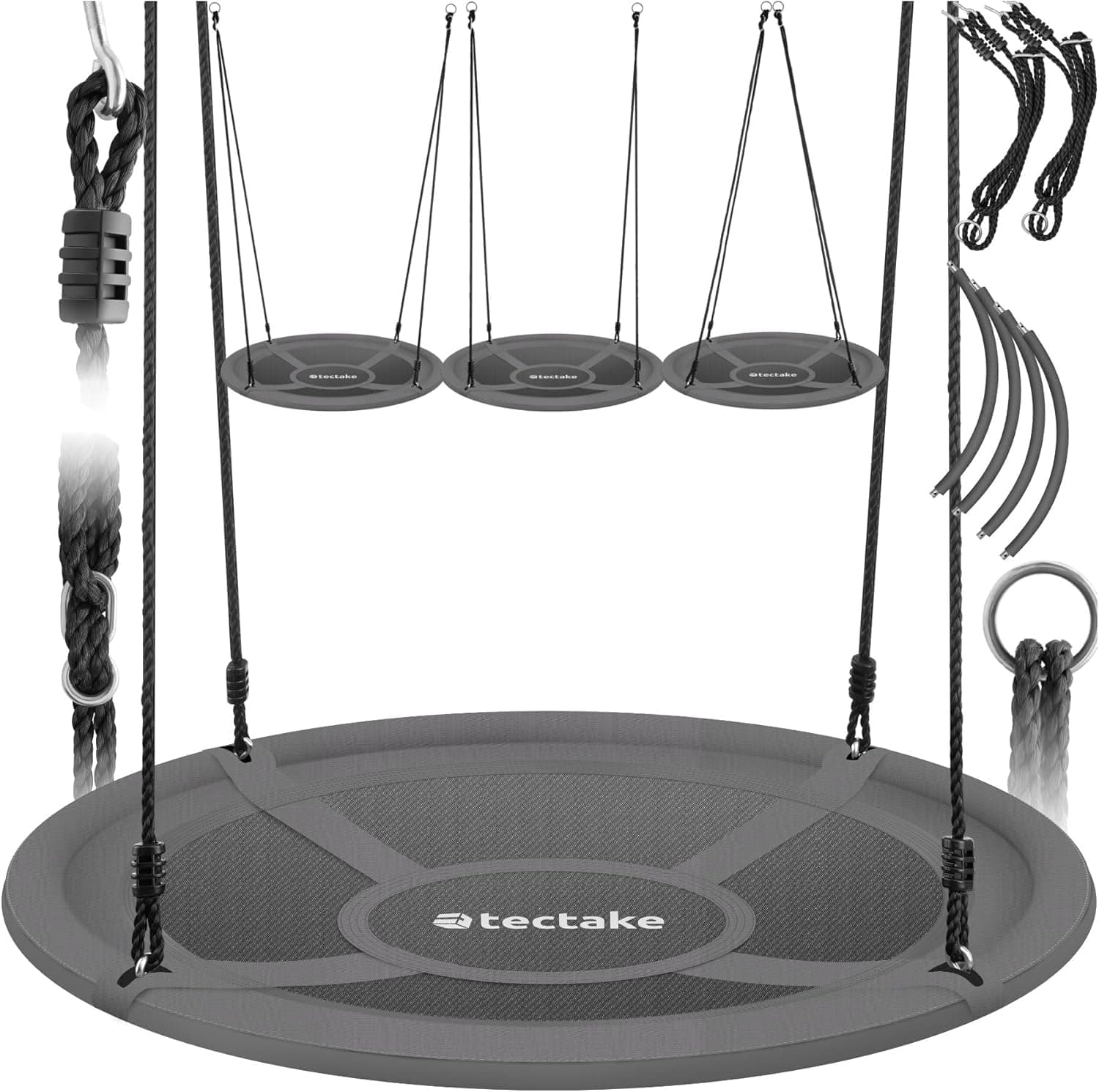 tectake® Balanço redondo, resistente ao interior, balanço no jardim exterior, cordas grossas, suporta até 300 kg, borda acolchoada, ajuste de altura, cadeira pendurada exterior - 100 cm cinzento /