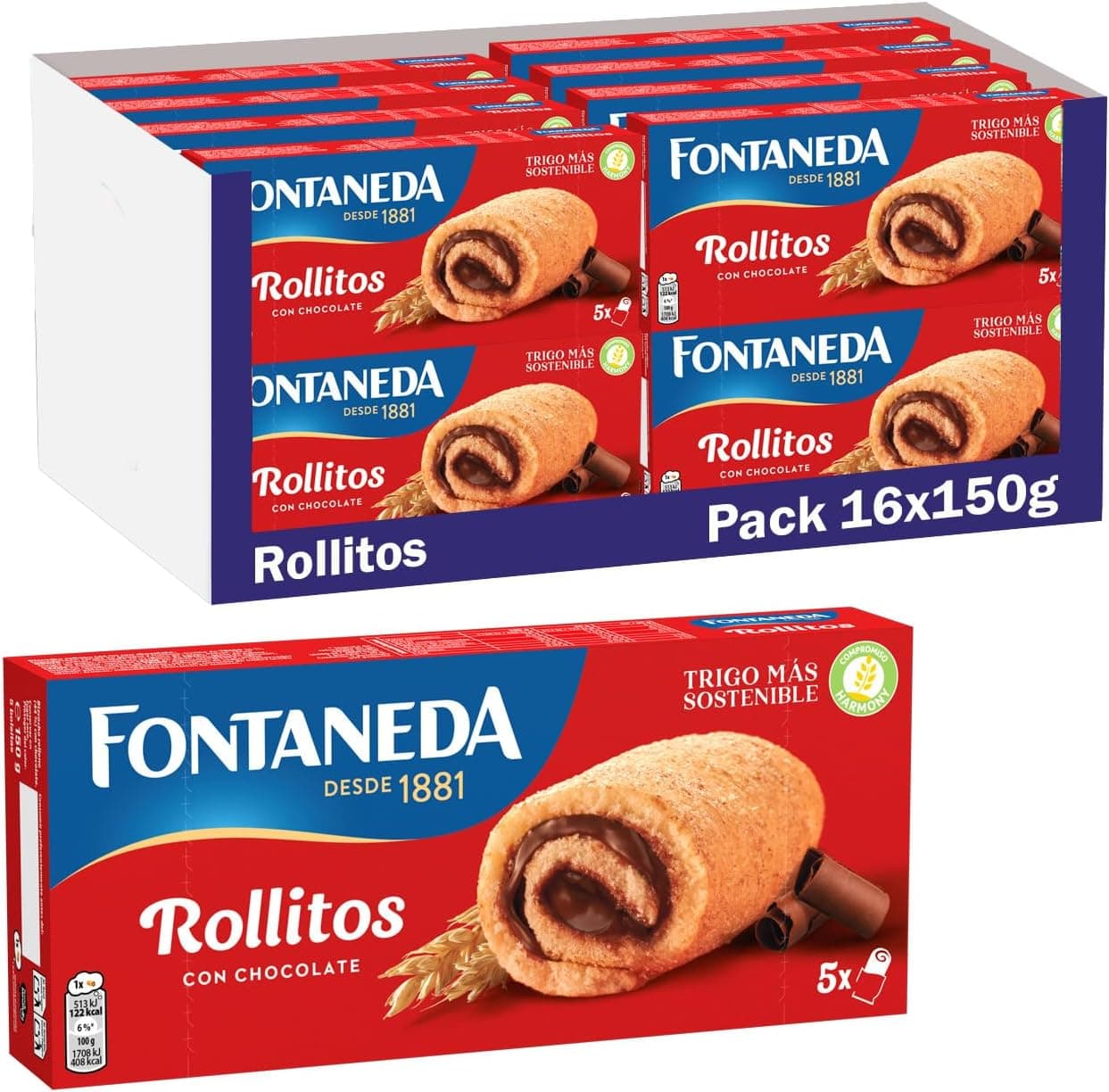 Fontaneda Rolinhos de bolo com creme de chocolate de 150 g, conjunto de 16