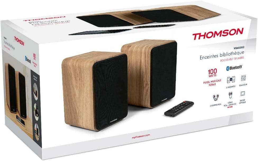 Thomson WS602DUO | Conjunto de 2 colunas de estante com subwoofer em madeira, 100 W Bluetooth 5.0 e 2 saídas RCA