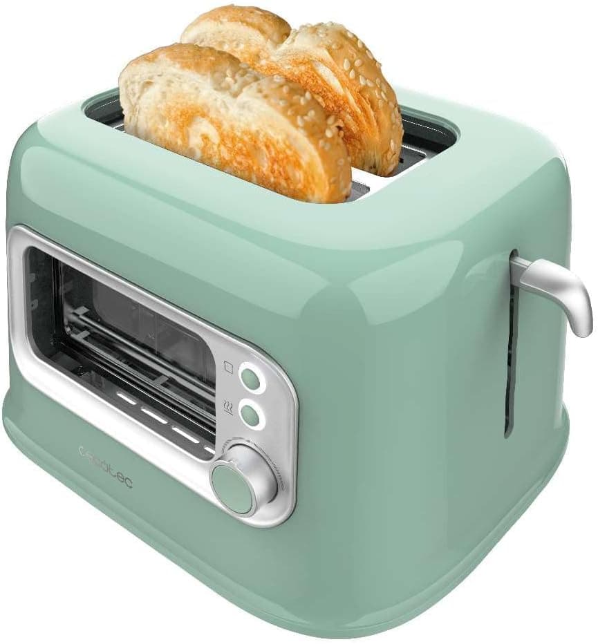 Cecotec Torradeira vertical com 2 ranhuras largas e janela controlo RetroVision Green. 700 W, design retro, cobertura antipoeira, desliga e pop-up automático, 5 níveis de potência, verde