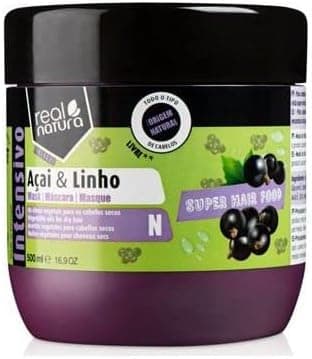 Real Natura - Máscara Super Hair Food Açaí e linhaça - Hidratação e nutrição intensiva - proteção antioxidante - controlo de friz, 500 ml