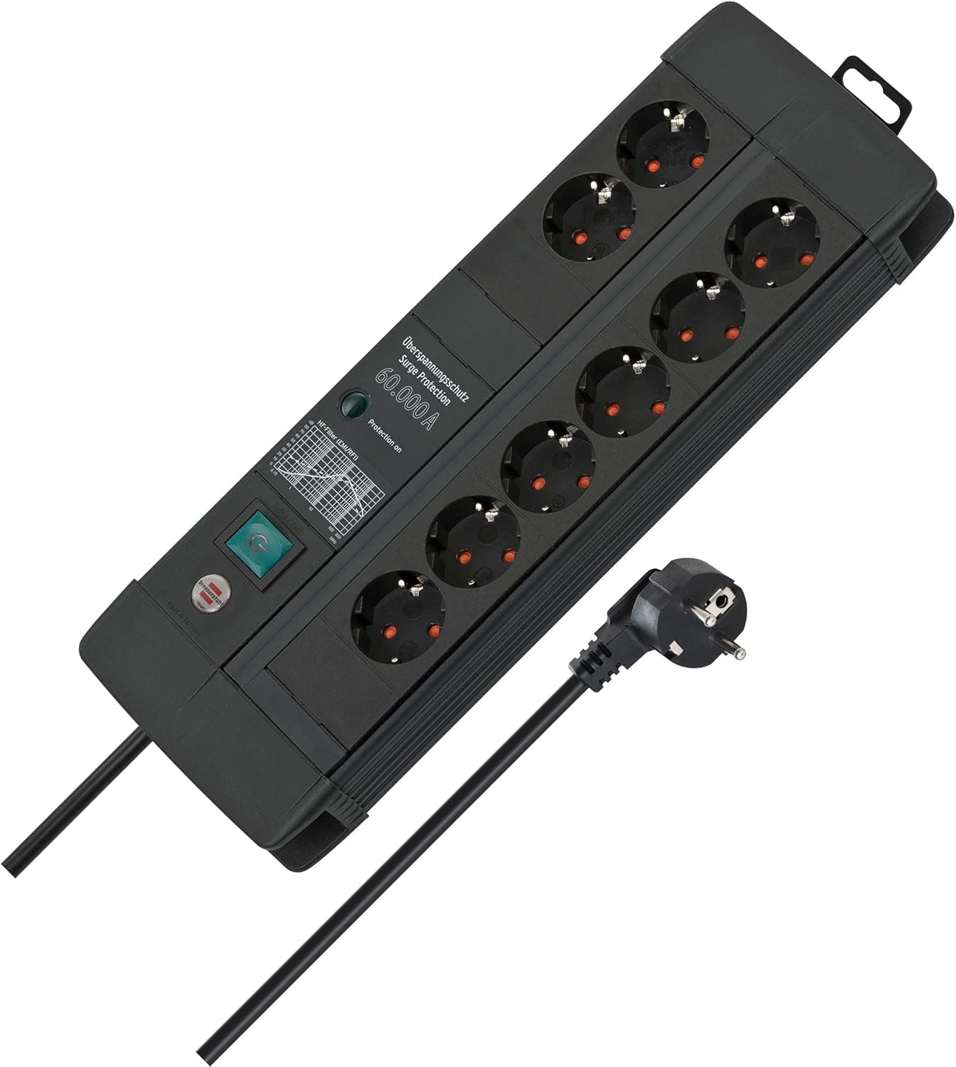 Brennenstuhl Premium-Line Duo extensão de 8 tomadas com proteção contra picos de tensão (cabo de 3 m, interruptor, proteção até 60 000 A, fabricado na Alemanha) preto