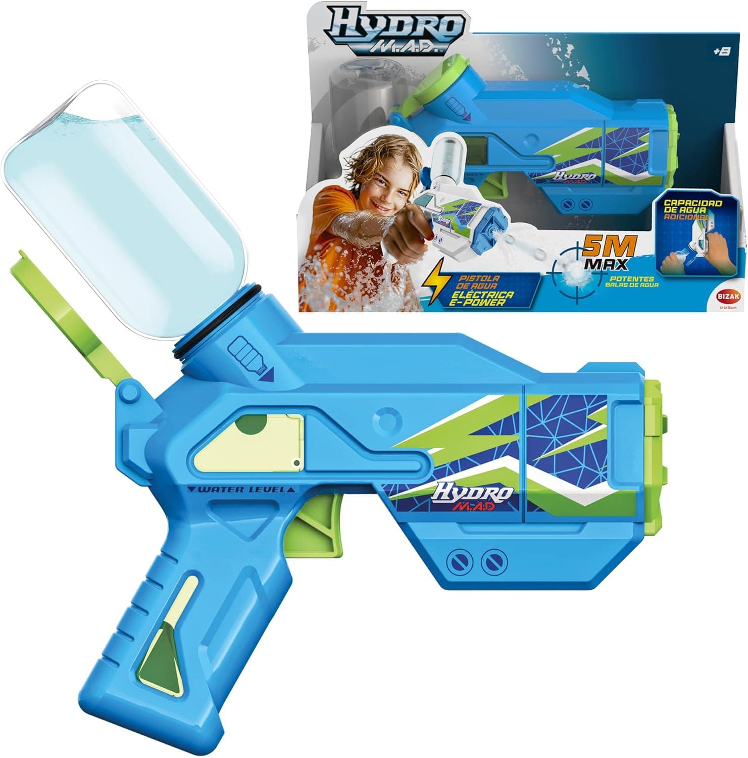 Bizak Hydro M.A.D. Mini Blaster eletrónico, pistola de água com alcance até 5 m, brinquedo para brincar ao ar livre, meninos e meninas + 8 anos, (62001153)