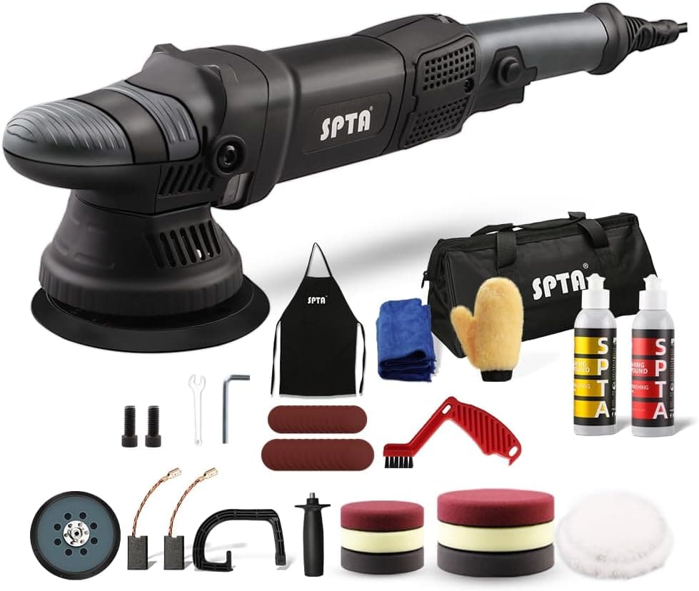 SPTA Polidora de carro, polidor de carros, polidor orbital, máquina de polir 750 W, 6 velocidades variáveis 2000-5200 RPM, cabo 4 M, base de 125 mm/150 mm, para polir e fechar carros, móveis - DA550