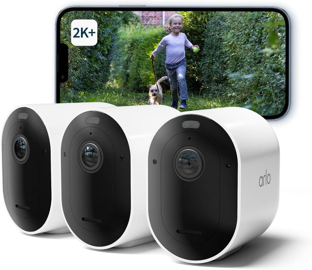 Arlo Pro 5 Câmara de vigilância WiFi exterior 2K, câmara de vigilância WiFi interior, sensor de movimento, alarme para casa, visão noturna cor, teste de arco seguro incluído, 3 câmaras, brancas