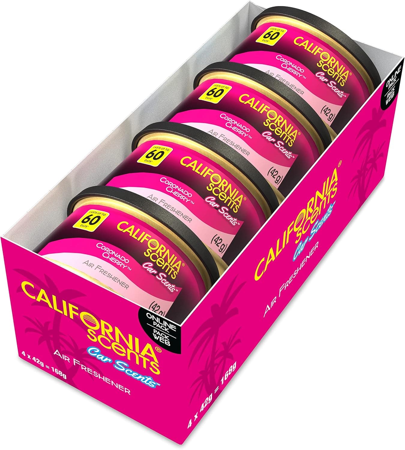 California Scents Ambientador de carro em lata premium - 4 pacotes (até 60 dias), fragrância duradoura de cereja - controlo de intensidade de odor para um ambiente fresco e personalizado no seu carro
