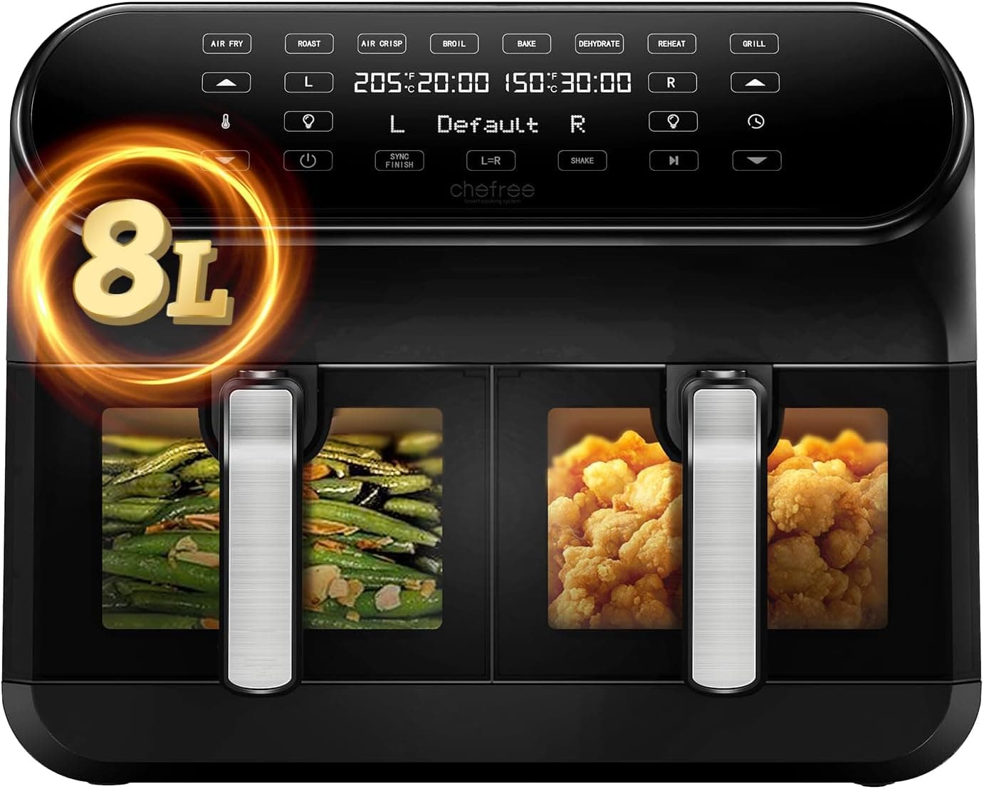 CHEFREE Frigideira de ar de 8 l, Fryer ar com compartimento duplo visível, 8 programas, ecrã táctil LED, 2400 W Friteuse sem óleo, economiza óleo e energia, preto, AFW20